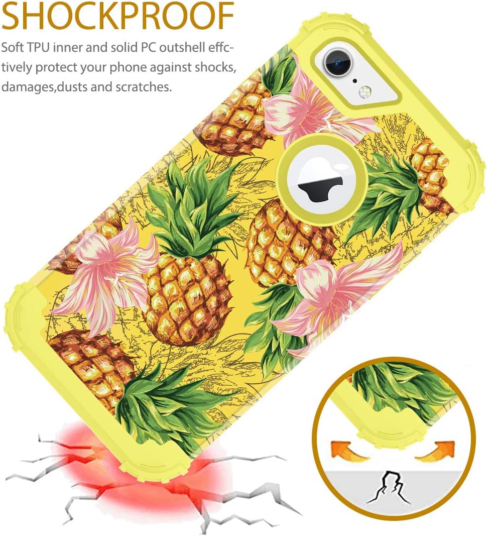 Hekodonk for iPhone 8/7 Case,Floral Heavy Duty Shockproof Protection Hard Plastic+Silicone Rubber Hybrid Protective Case for Apple iPhone 8 / iPhone 7 Yellow Pineapple