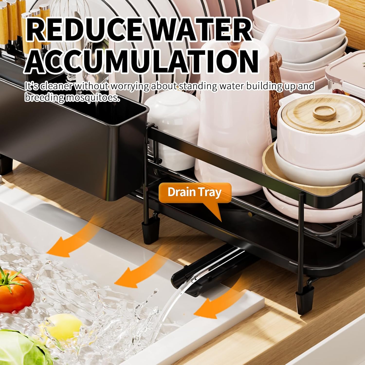 Extendable Dish Rack - a Rust-Resistant Dish Rack Suitable for Kitchen countertops, Featuring Adjustable Support Legs, a Cutlery Rack, and a Removable Drain Tray.