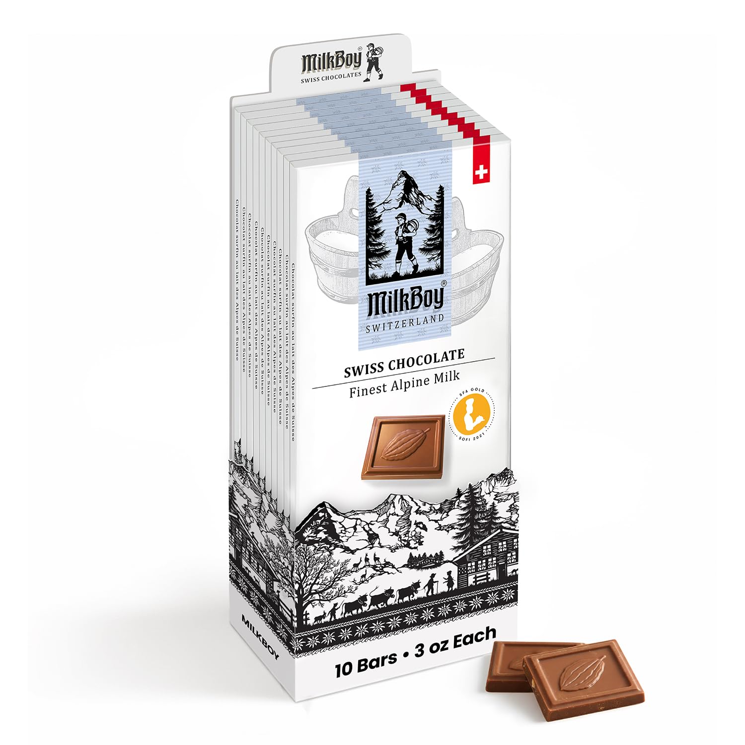 Milkboy Swiss Chocolates Chocolate Bars - Premium Swiss Alpine Milk Chocolate - Smooth European Milk Chocolates Gift - Sustainably Farmed Cocoa - Gluten Free - 3 oz, Pack 10