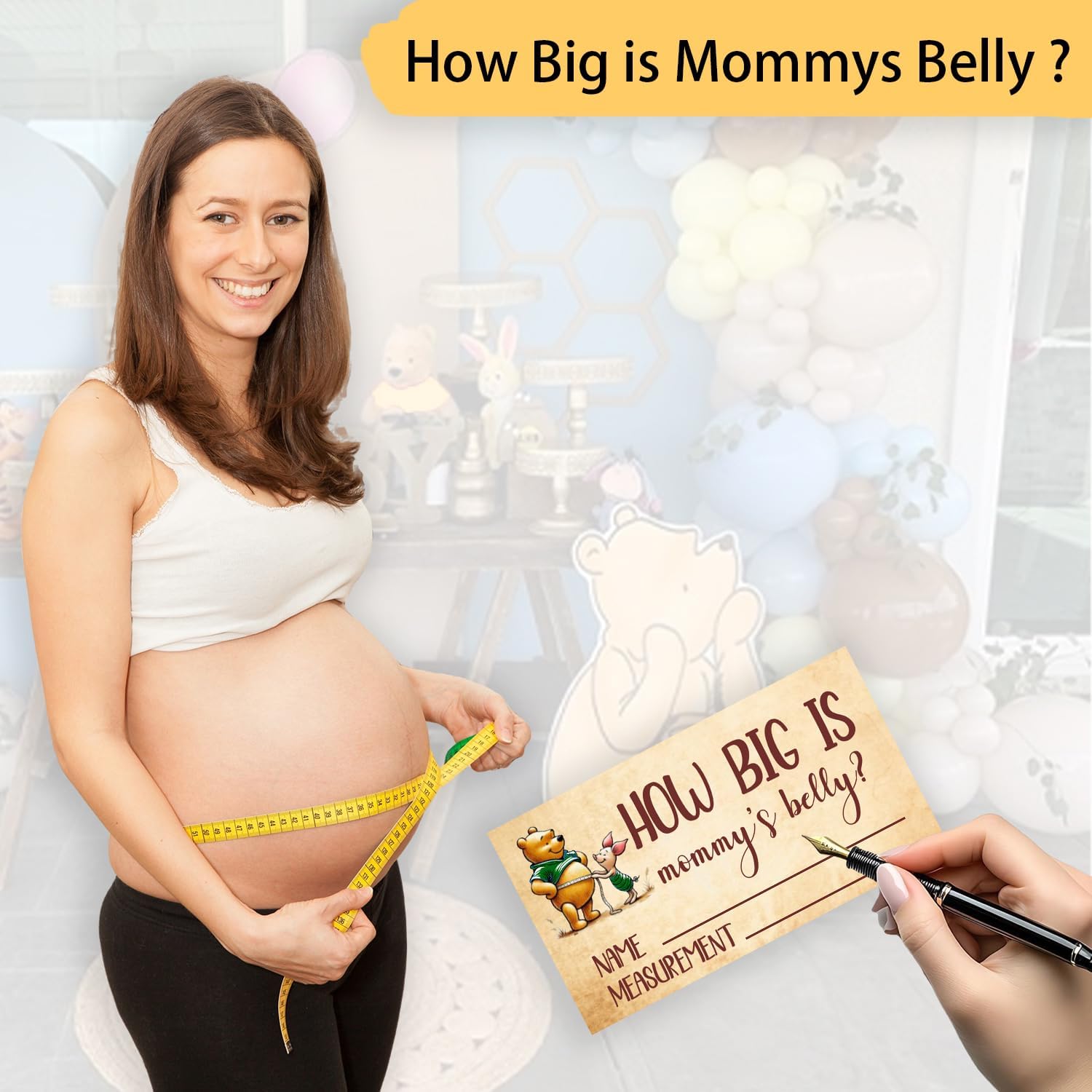 The Bear Wood Frame with 36 Guest Game Cards,Classic Winnie Themed How Big is Mommy's Belly Party Birthday Game Decorations | 3 Tape Measure Included