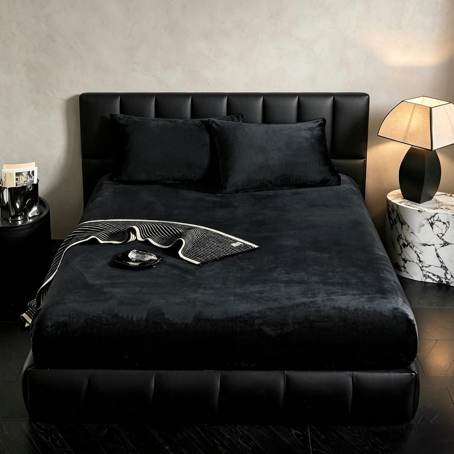 Velvet Fitted Sheet Only, Fluffy Plush Bottom Sheet, Queen, Black | 20 Inch Deep Pocket, Flannel Fitted Sheet, Luxury, Warm, Comfy, Fall Winter and Spring, Machine Washable, No Pillowcases