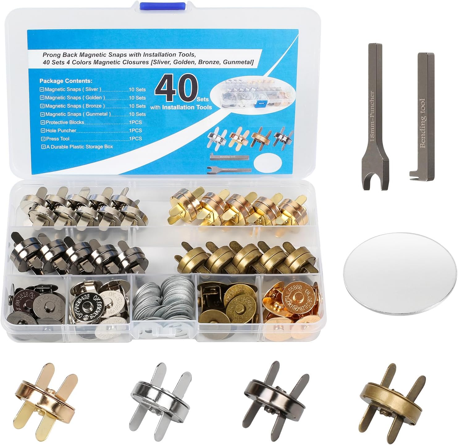 40 Sets 4 Colors Magnetic Snaps Closures with Installation Tools, Magnetic Purses Closure Clasps Include 3 Setting Tools for Sewing, Purses, Bags, Clothes, Crafting, Leather Projects(18MM) 40 Sets 4 Colors Magnetic Snaps Closures with Installation Tools, Magnetic Purses Closure Clasps Include 3 Setting Tools for Sewing, Purses, Bags, Clothes, Crafting, Leather Projects(18MM)