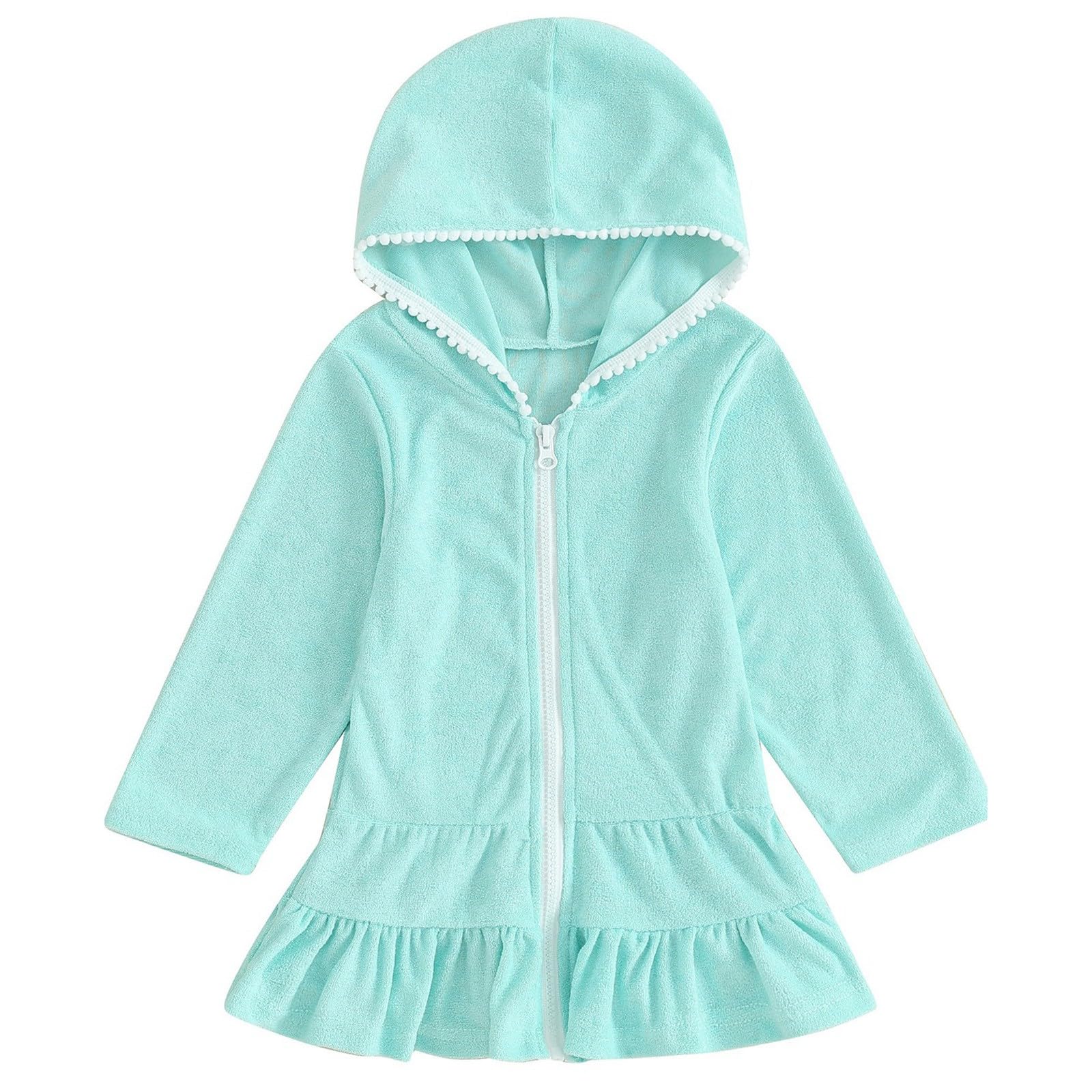 Girls Cute Ruffle Cover Up Robe Hoodie Swimsuit Causal Long Sleeve Hooded Beach Dress Baggy (Light Blue, 18-24 Months)