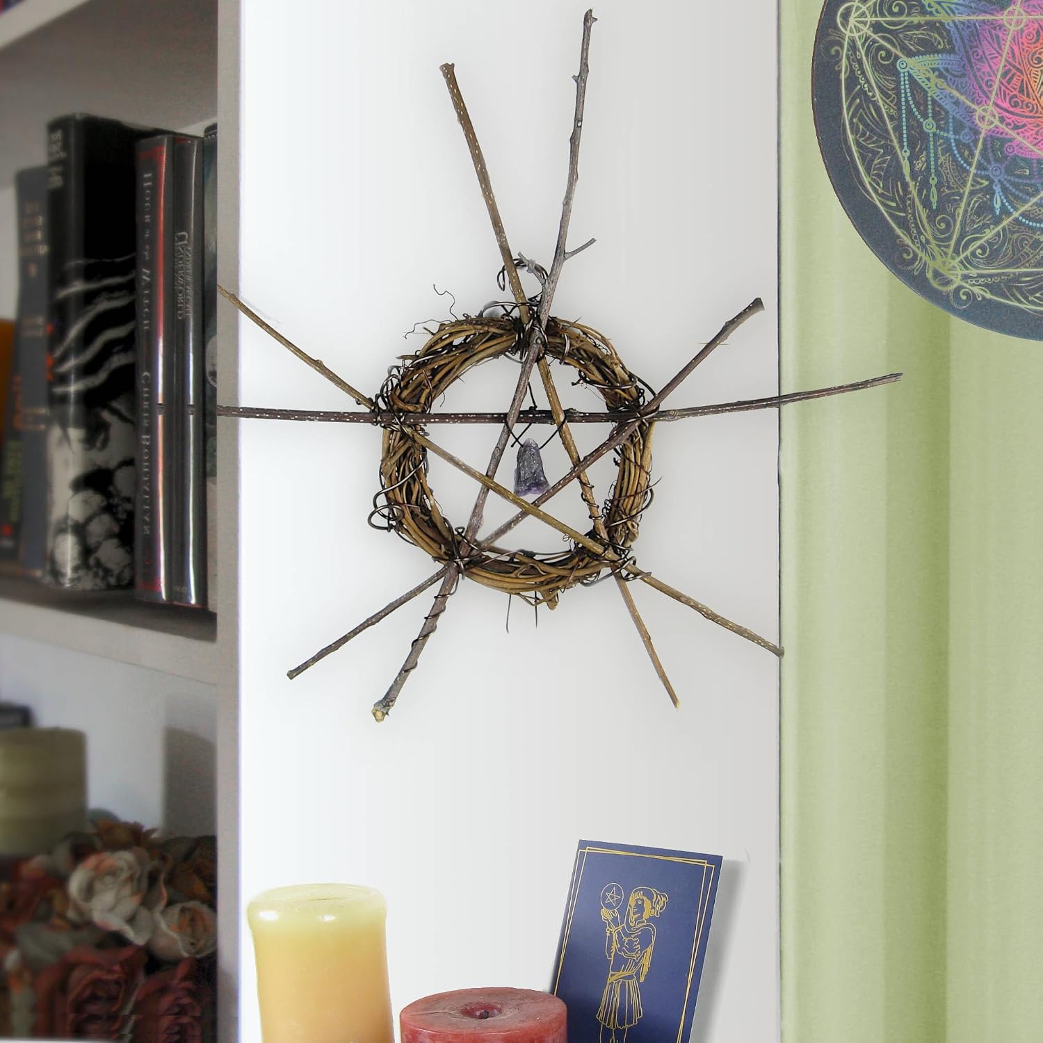Wall Hanging with Wreath, Rustic Twig Pentagram, Raw Amethyst and Quartz Crystals - Handmade - Protection Calmness Pagan Wiccan Sacred Space Altar Nature Rustic