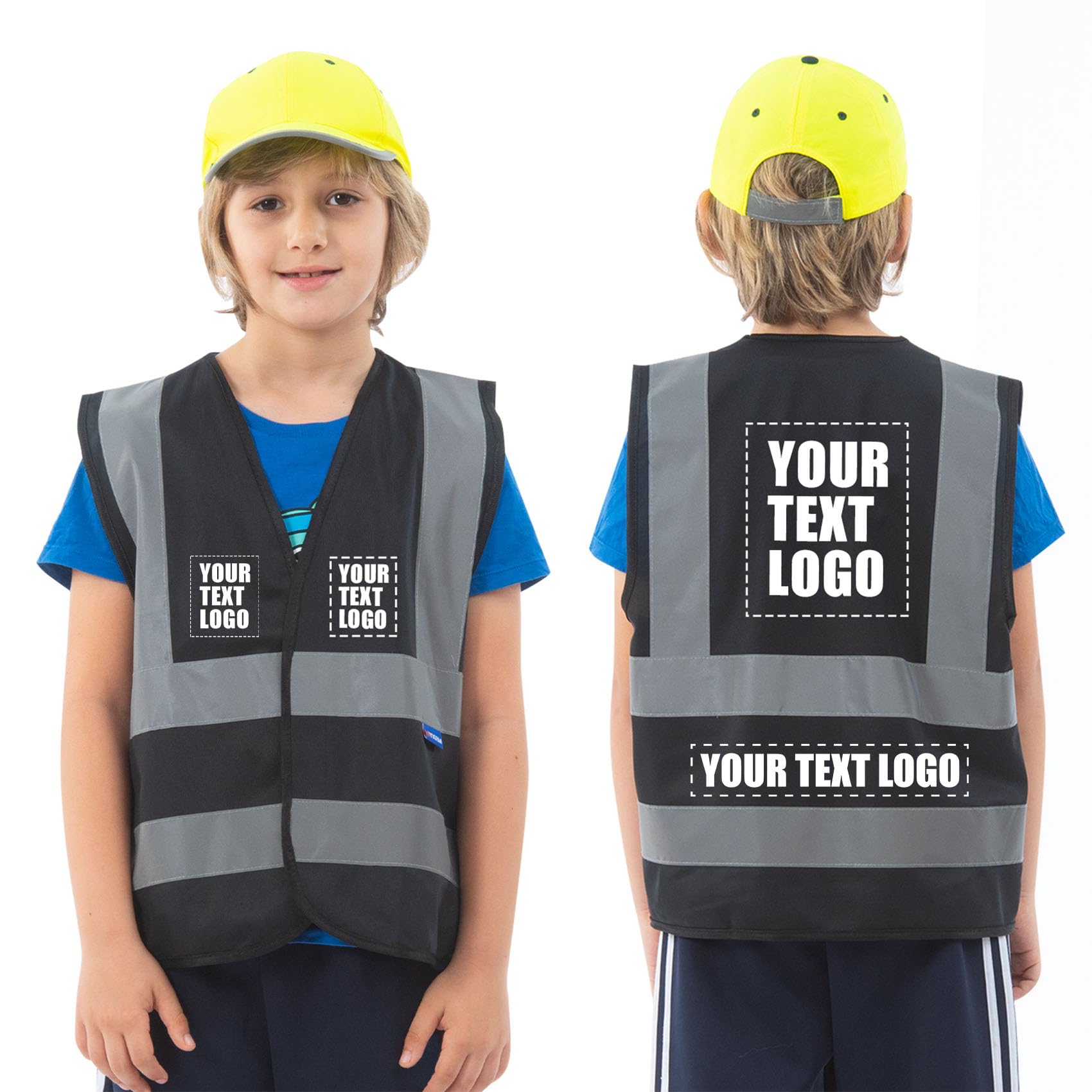 AYKRM Personalised Printed LOGO SCHOOL Childs high vis vest KIDS high vis Reflective Safety Vest High Visibility 2-5Y black hi viz vis Waistcoat