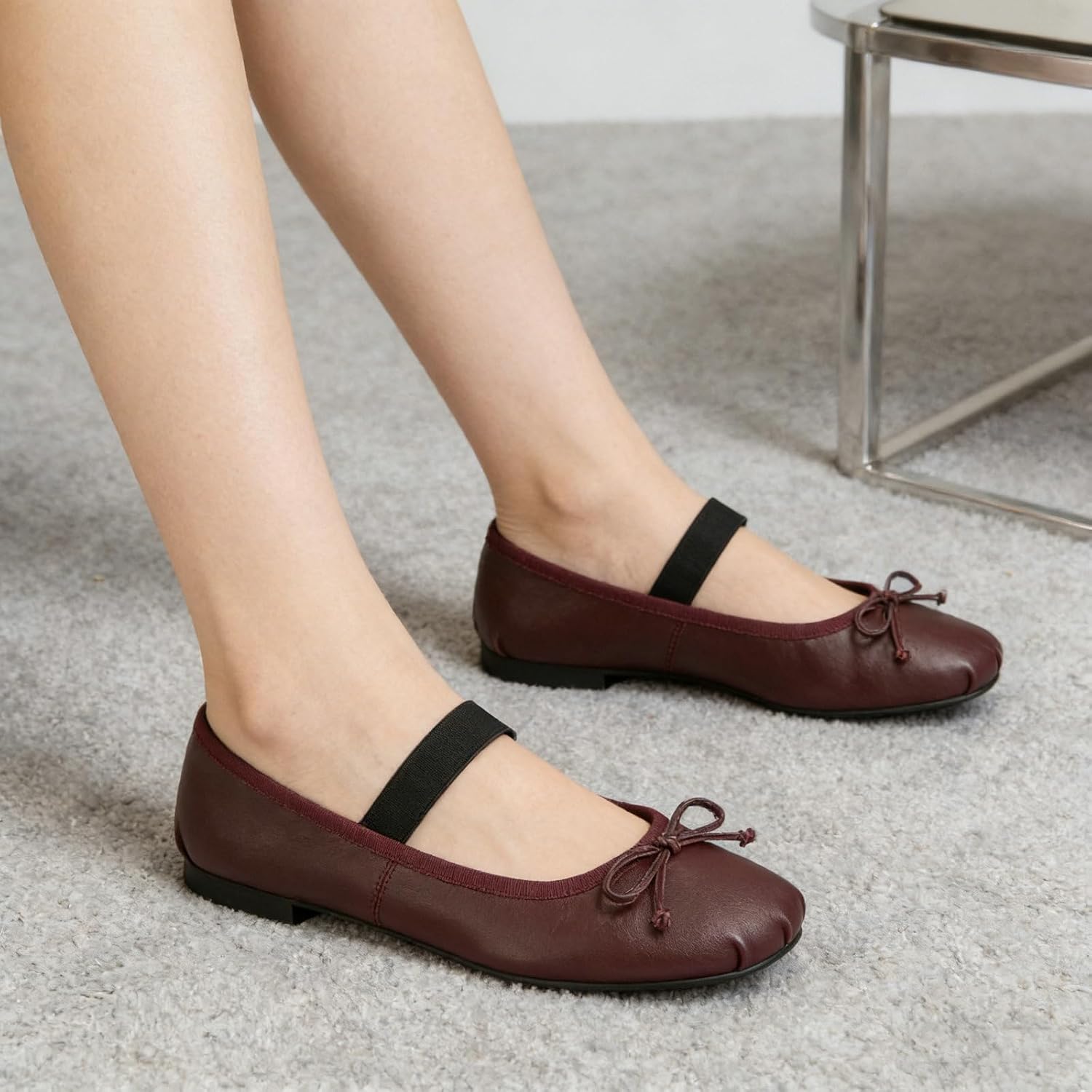KiutSymo Womens Bow Ballet Flats Round Toe Mary Jane Flats Elastic Strap Slip On Cute Bow Ballerina Shoes Comfortable Casual Dressy Mary Jane Shoes