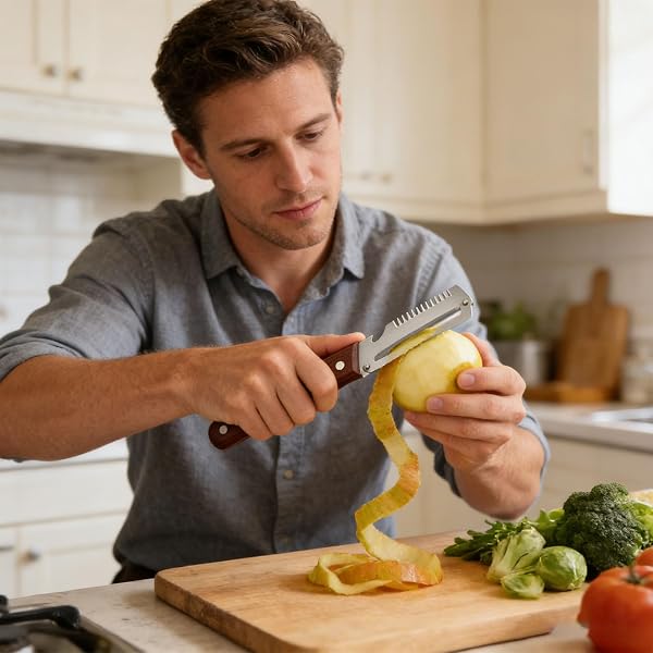 Éplucheur végétale multifonction lame et ouvre bouteille en acier inoxydable ultra tranchant poignée ergonomique antidérapante bois Légumes Manche Bois Massif Décapsuleur Intégré Lame Tranchante - 4