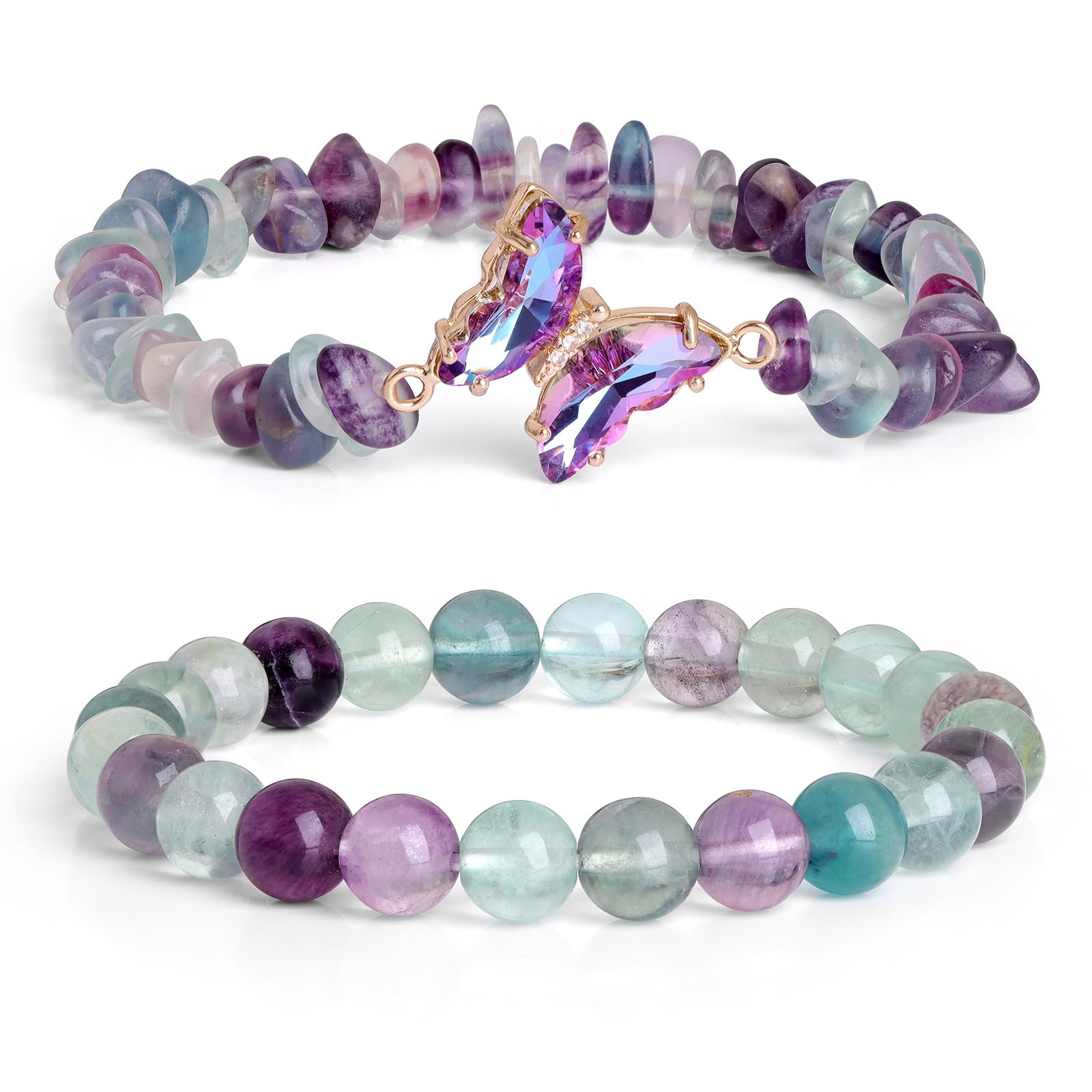 GolbalJew Amethyst Bracelet For Women Anxiety Amethyst Beaded Bracelets Butterfly Charms Healing Stone Layered Bracelet Gifts For Women