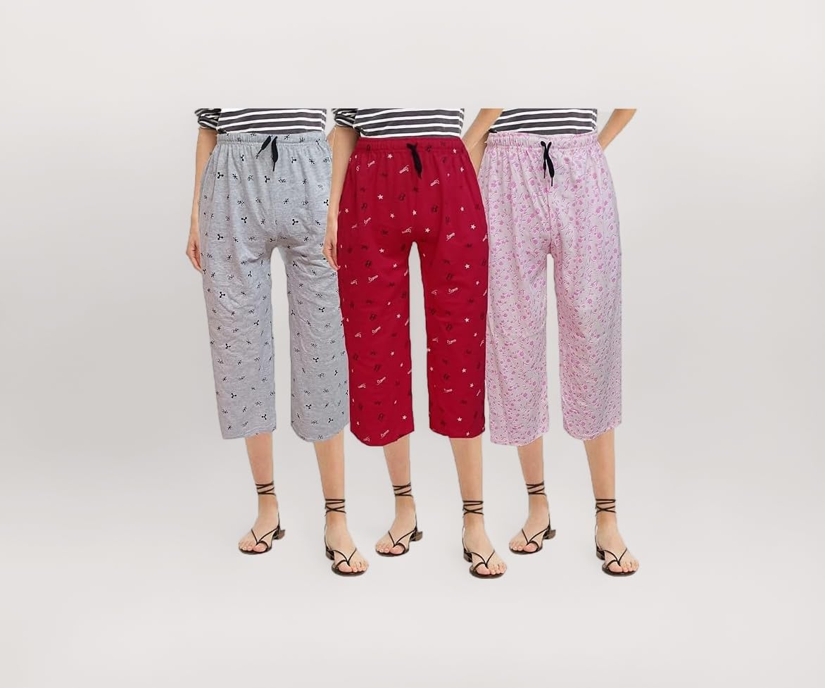 Women's Cotton Printed Nightwear Capris Pyjama for Girls and Women Printed 3/4 Pyjama Plus Size Set of 3