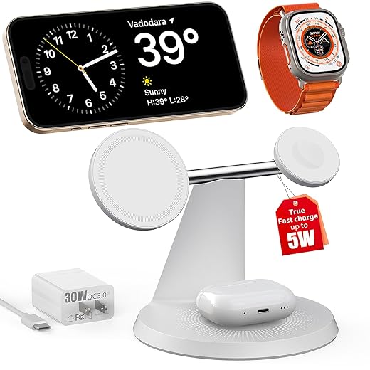 3 in 1 Charging Station for Apple Devices,Mag-Safe Charger Stand Fast Charging,Wireless Charger for iPhone 15/14/13/12 Series,Apple Watch Series 1-9/Ultra,AirPods Pro(30W USB Charger Included)