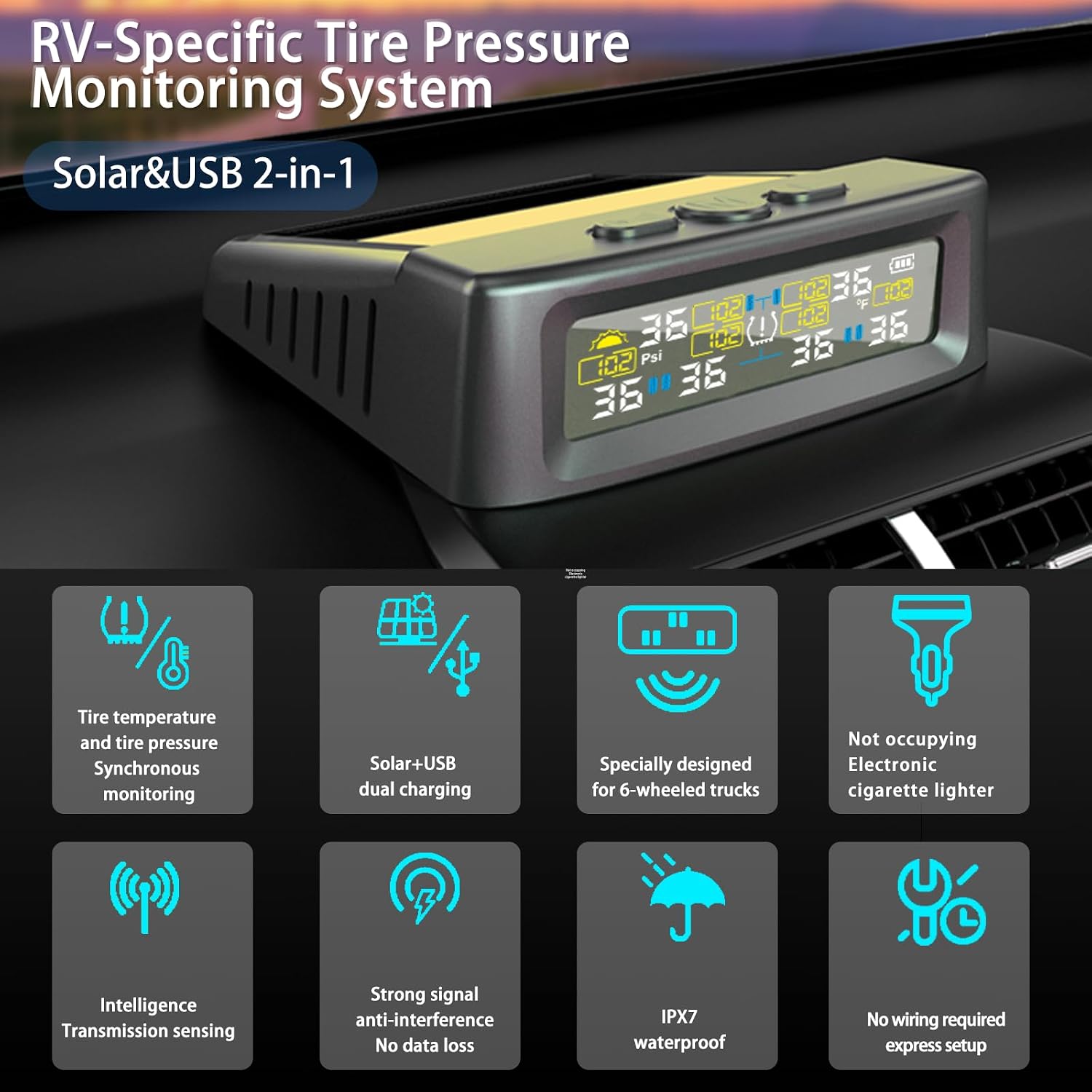 RV Tire Pressure Monitoring System, Solar-Powered Tire Pressure Monitor (TPMS) for RV, TPMS with 4 Sensors & 5 Alarm Modes, 2025 Upgraded with Color LCD Display, 0-144PSI for RV Trailer (6 sensors)