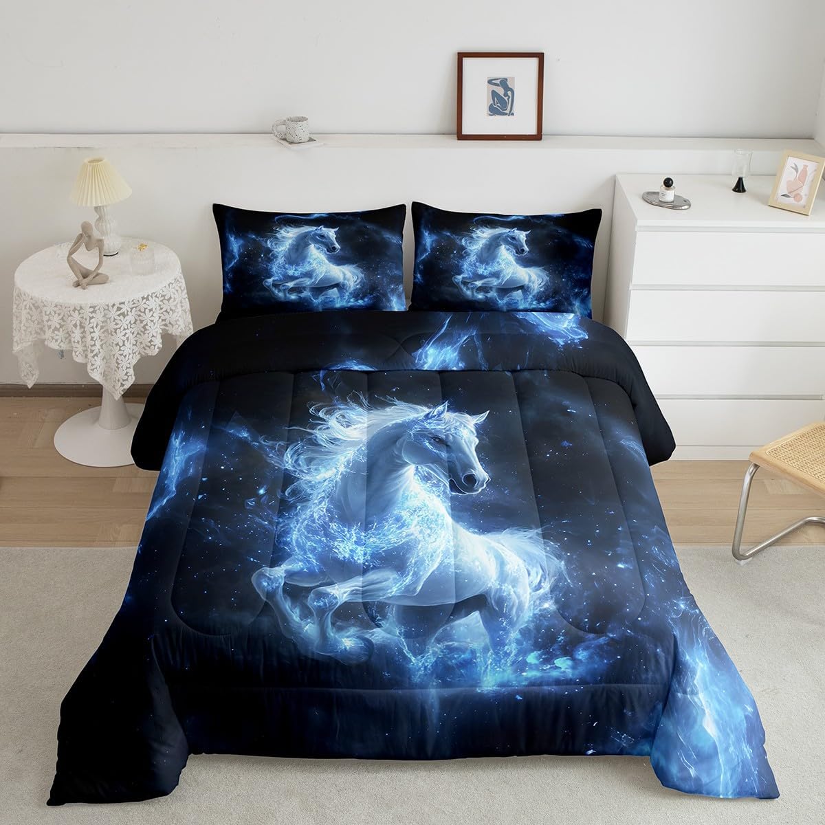 Feelyou Kids Horse Comforter Set Queen Size, Galloping Horse Comforter Boys Girls 3D Wild Animal Bedding Set Galaxy Teens Duvet Set Bedroom Decor with 2 Pillow Case