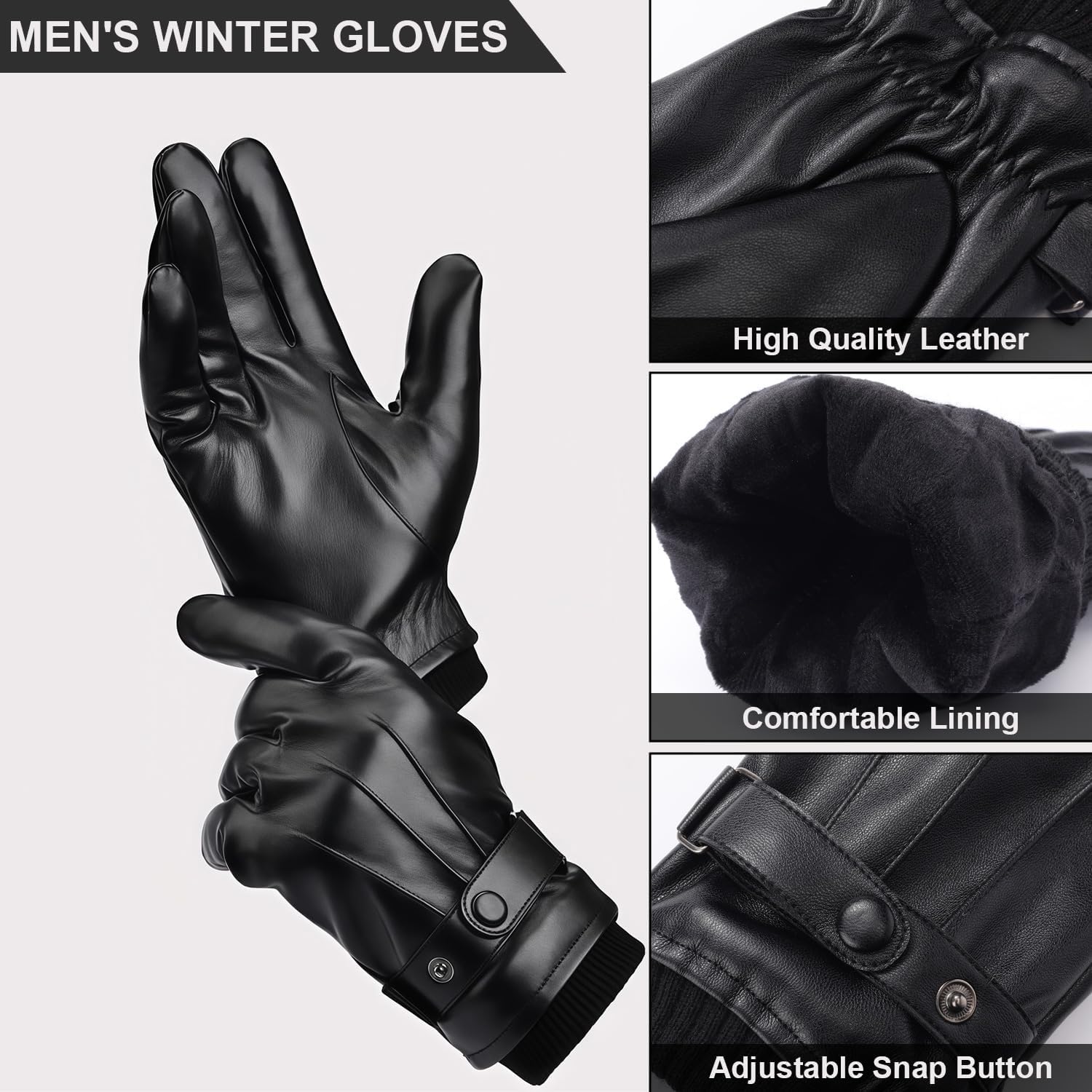 Tavaleu Leather Gloves for Men - Winter Gloves Men Touchscreen, Mens Leather Glove Warm Cashmere Lining Motorcycle Driving - Image 5