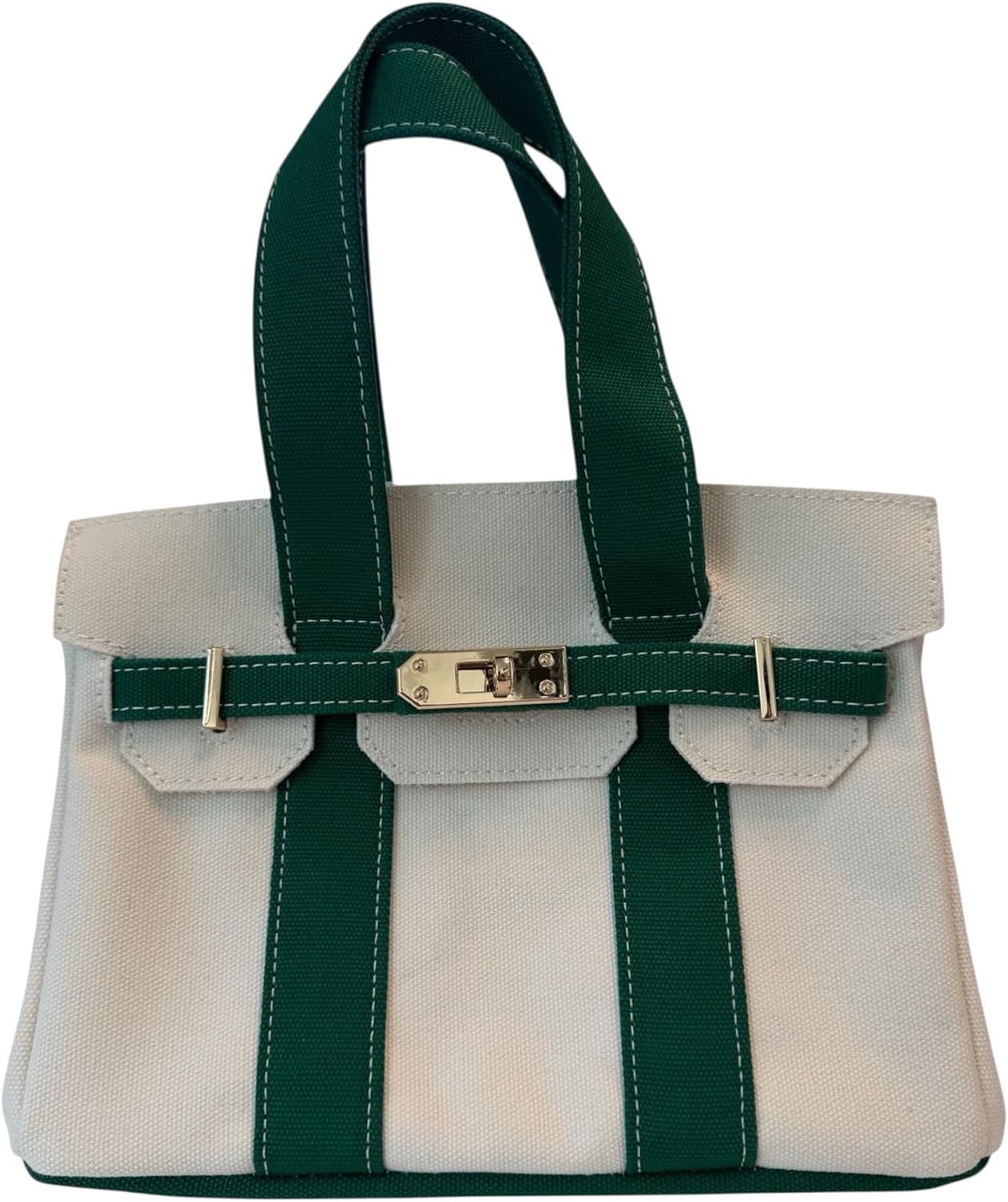 Canvas Mini Tote Bag, 8 Pockets, Distressed Finish, Durable, Gold Hardware (Green/Cream)