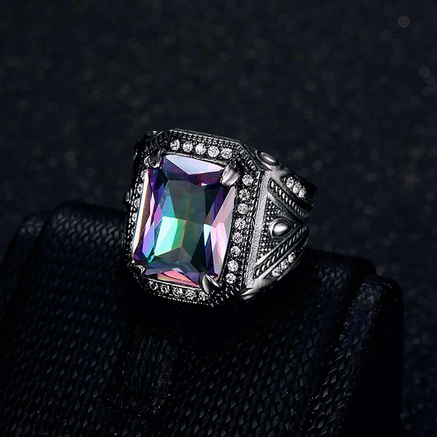 ICED OUT Eagle Crawl Multi-color Stone Rings for Men Square Pattern Religion's ring Stainless Steel Jewelry Rings for Men rings for Christian Heavy Metal ring Party