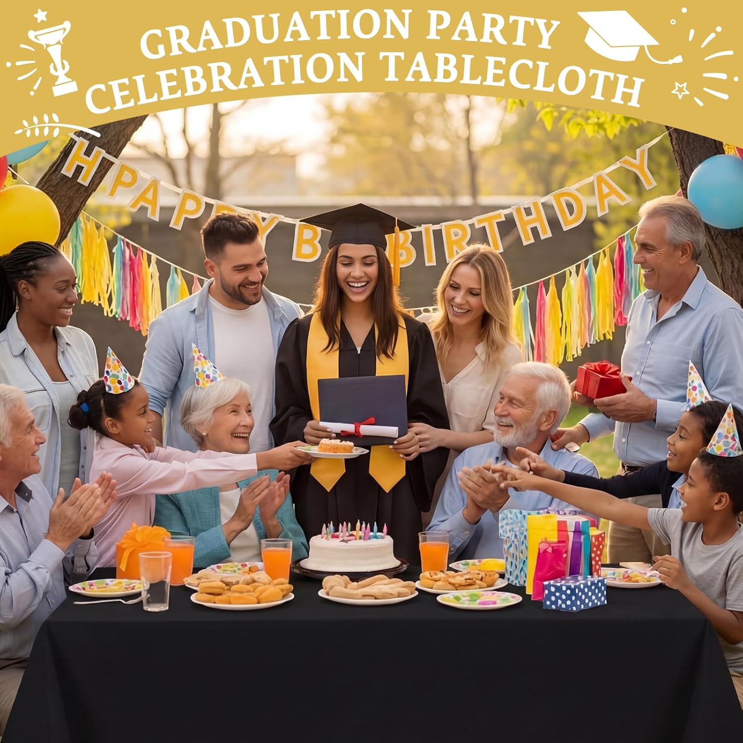 Moukeren 2 Rolls 54'' x 100' Graduation Tablecloth Plastic Roll Black and Gold Waterproof Disposable DIY Anniversary Graduate Party Supplies for Birthday Picnic Catering Events Table Cloths
