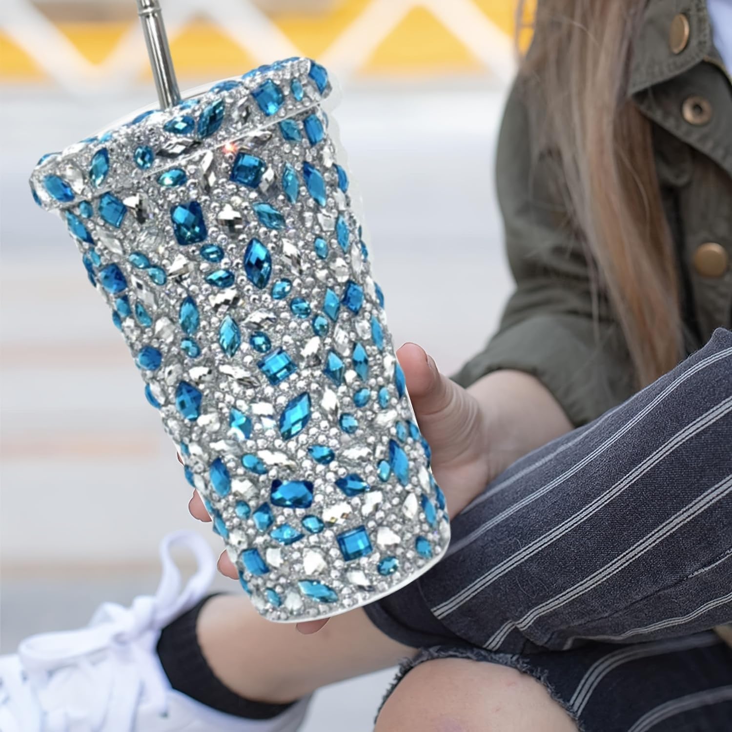 Studded Bling Diamond Tumbler, 17 Oz Glitter Tumbler with Lid, Sparkly Stainless Steel Thermal Drinking Water Cup, Rhinestone Tumbler Gift for Women Girls -Blue