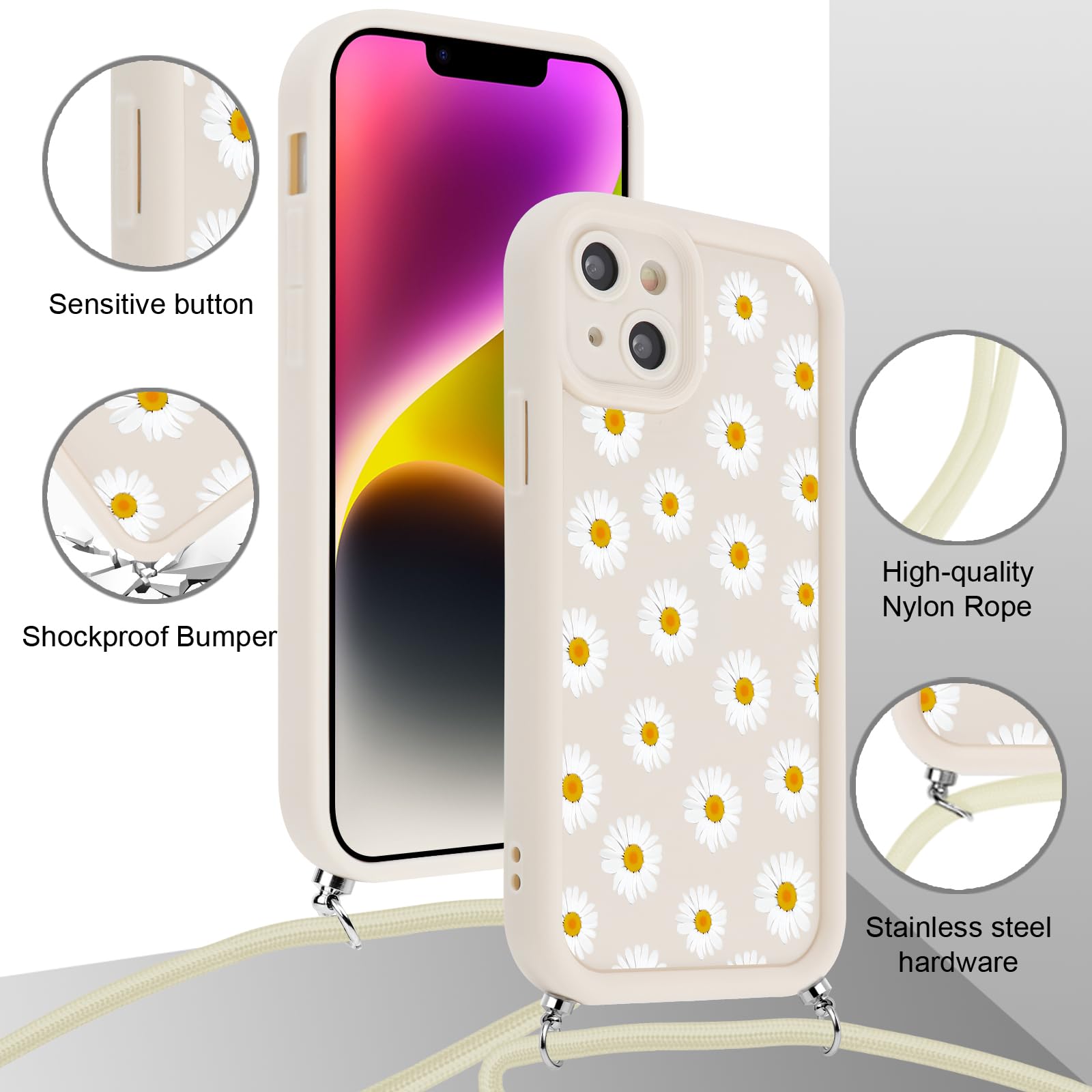 Custodia IPhone 13 Mini Con Cordino Tracolla – Fiore, TPU Morbido Antigraffio, Catena Regolabile Nylon