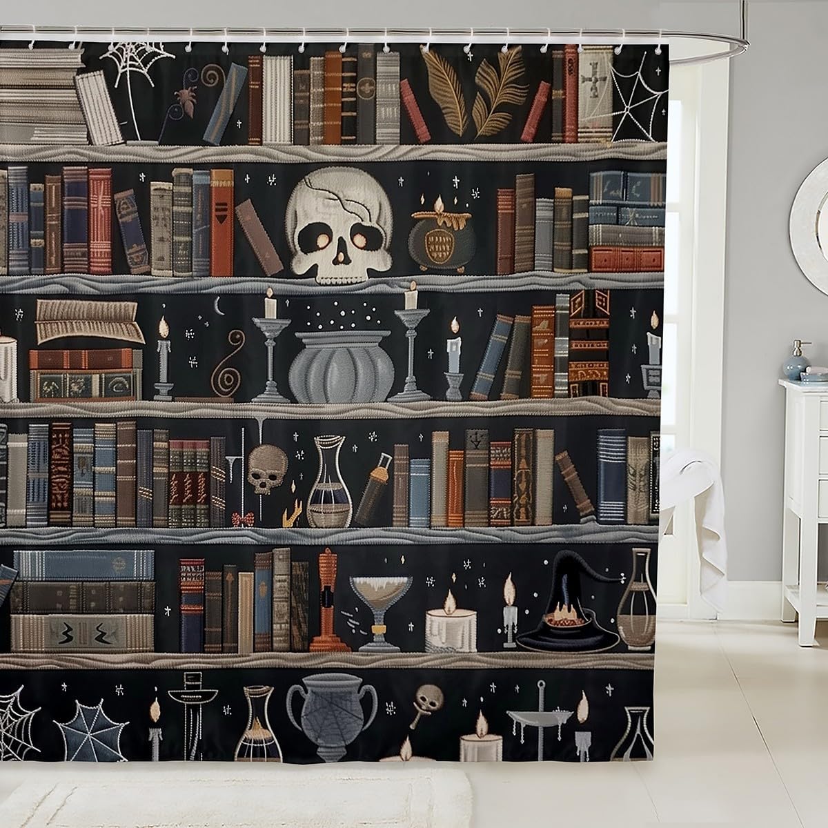 Feelyou Magic Bookshelf Bathroom Shower Curtain Set 84" L x 72" W Vintage Library Shower Curtain for Boys Girls Book Skull Bath Curtain Kids Bathroom Accessories
