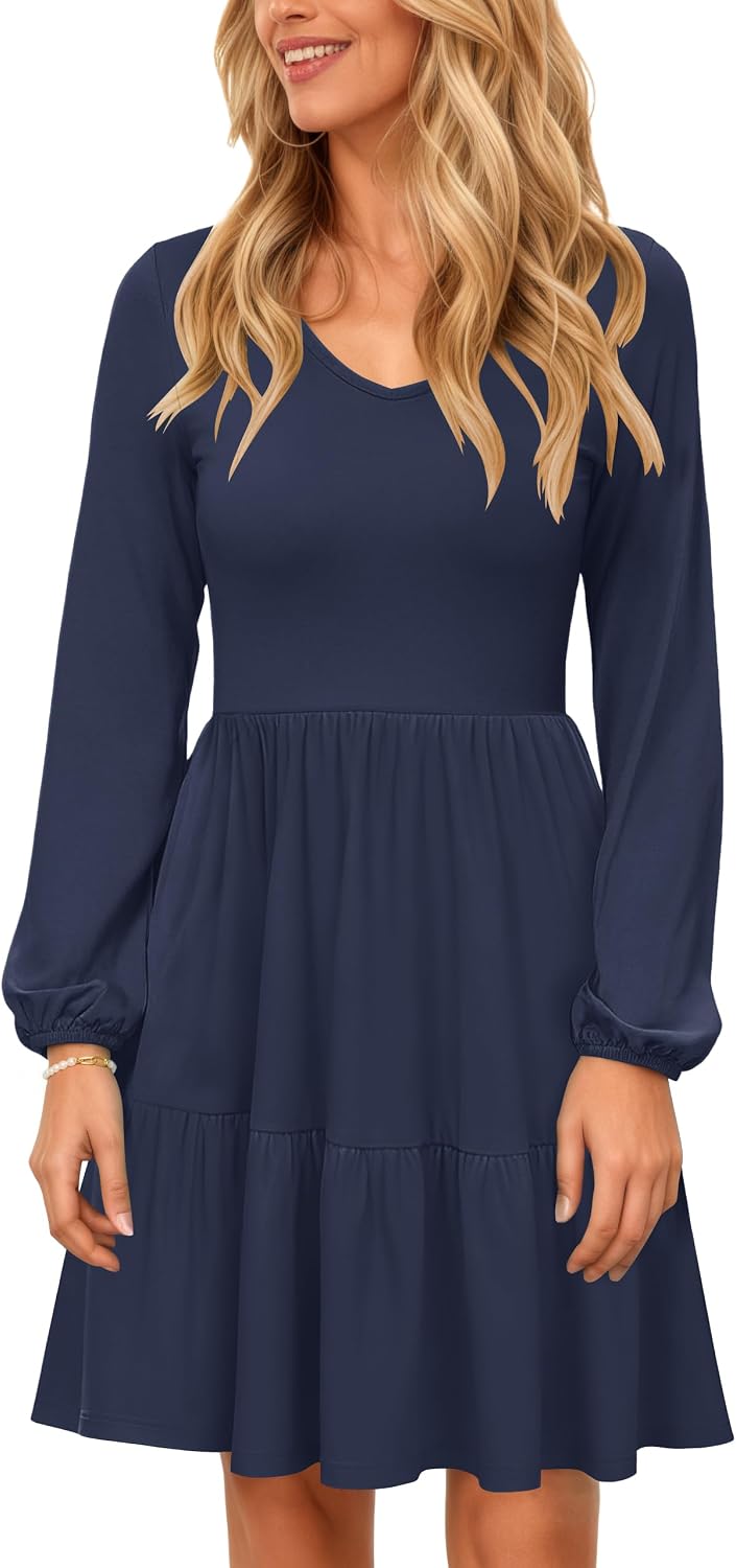 (-42%) AUSELILY Damen Kleid Langarm V-Ausschnitt Tasche Midi Dünn Blau Navy XXL
