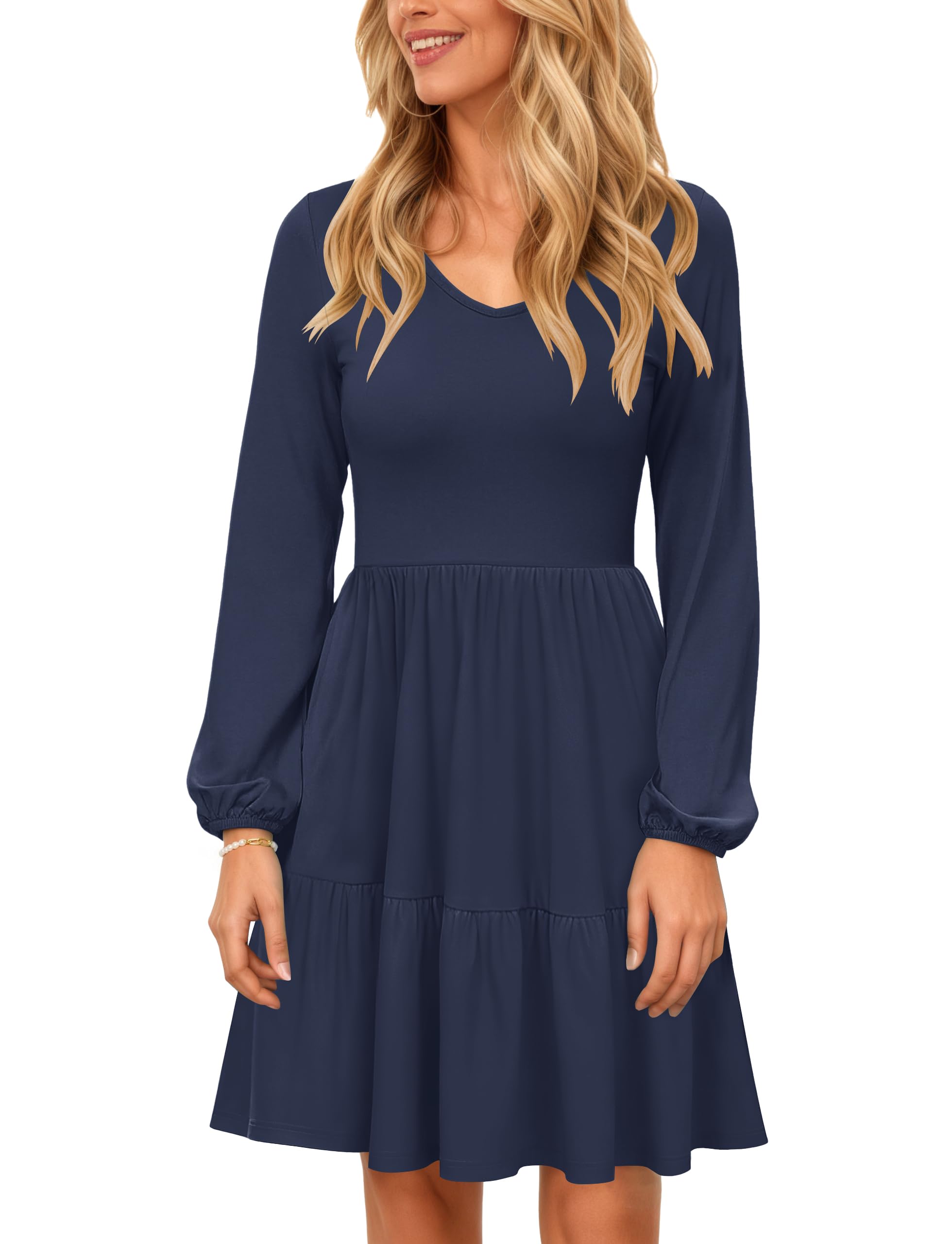 AUSELILY Damen Kleid Langarm V-Ausschnitt Tasche Midi Leicht Herbst Winter | A Linie Tohe Taille Dünn Freizeitkleid Elegante Abendkleider Minikleid Cocktail Party Hochzeitsgäste Urlaubskleid Knie Länge