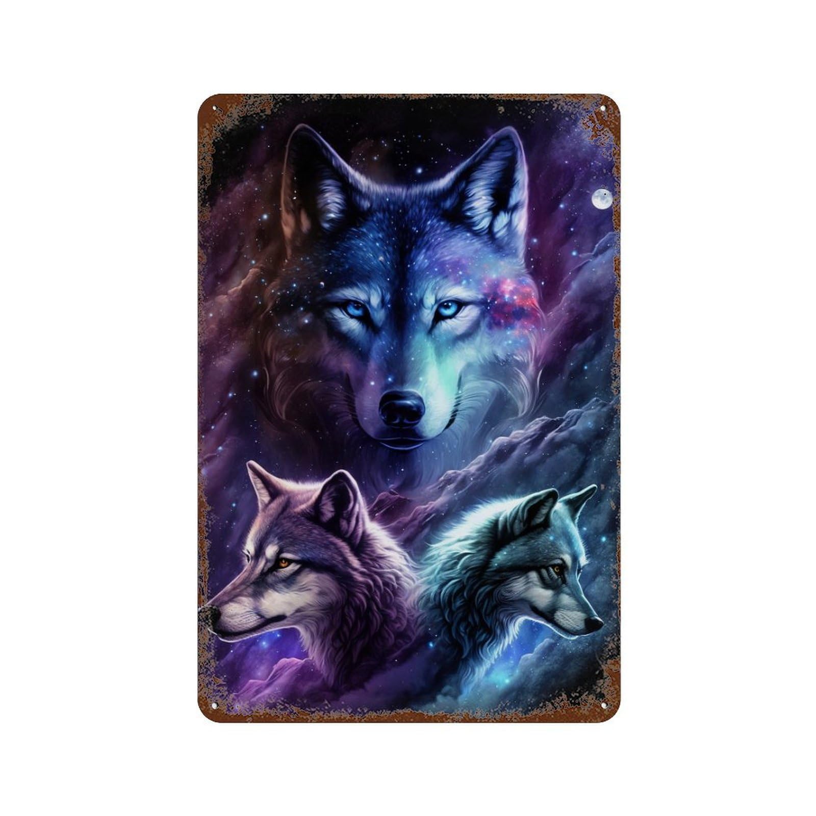 Galactic Wolf Trio Art Print Aged Metal Wall Plaque 11.8"x7.9", for Basement, Hobby Room And Garage Decor, Rustic Home Decor
