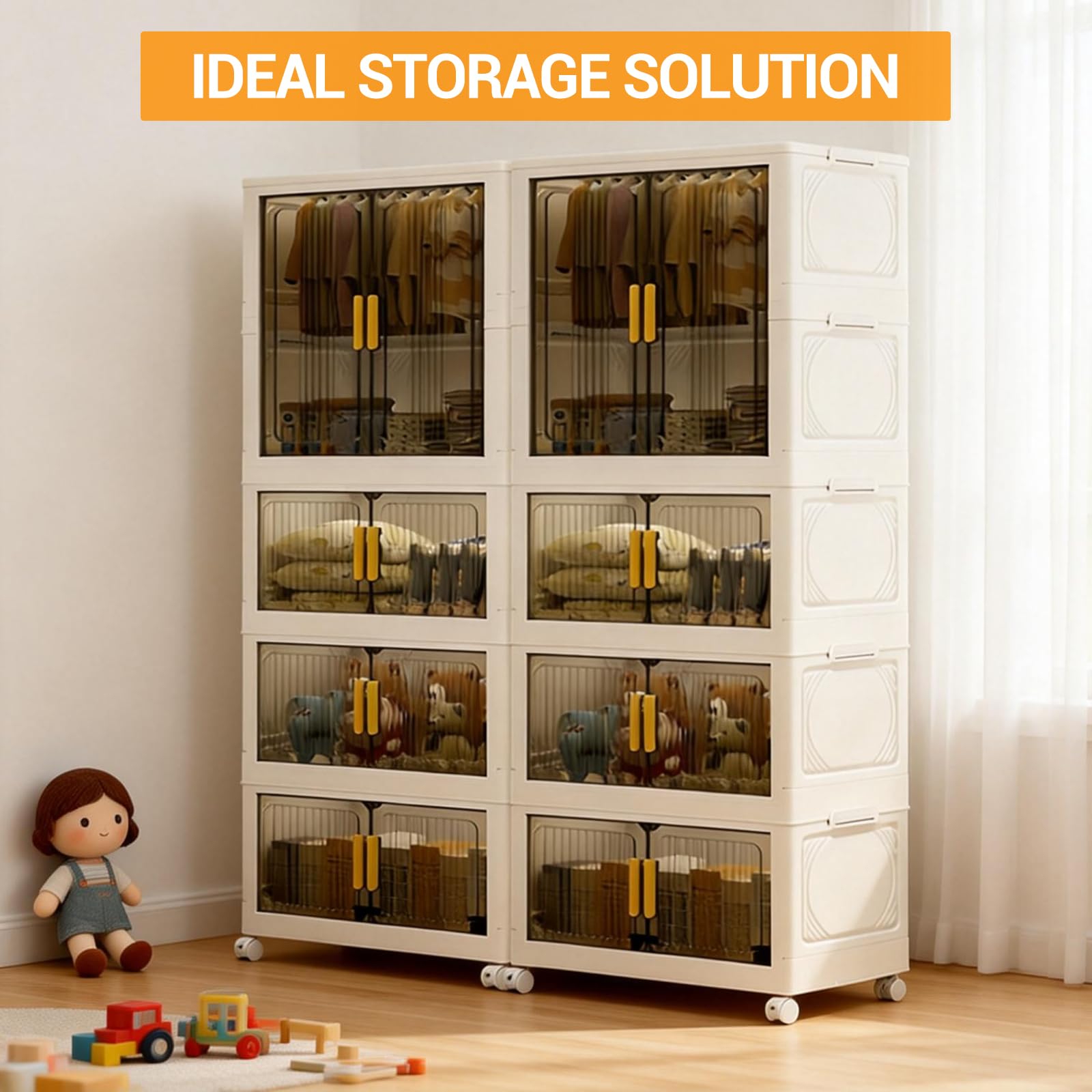 Kunststoff-Klappschrank 60 * 34 * 153.5cm, Zusammenklappbarer Kleiderschrank Einfache Montage, Vielseitiger Schrank mit Rollen und Magnettüren, Mehrzweckschrank für Wohnzimmer Schlafzimmer