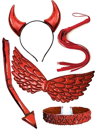 OLYPHAN Devil Costume for Women Accessories Set 5 PC Red Horns Headband, Demon Tail, Sequins Collar Necklace Wings Cosplay Accessory Kit Halloween