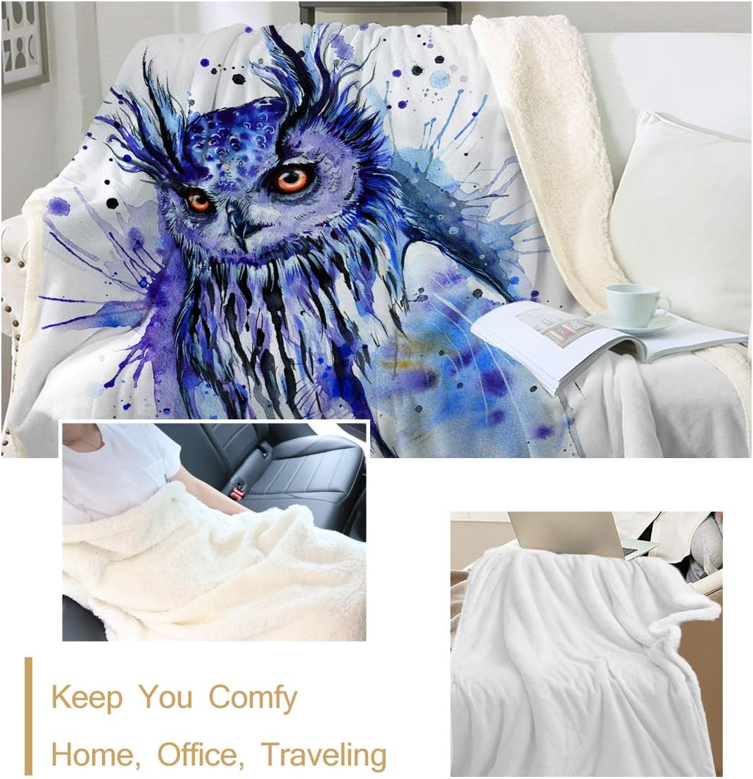 Space by Pixie Cold Art Owl Blanket Blue Owl Throw Blanket for Kids Boys Girls Watercolor Owl Fleece Blanket Sherpa Plush Blanket for Couch Bed Sofa Owl Gifts for Adults Women (50" x 60")