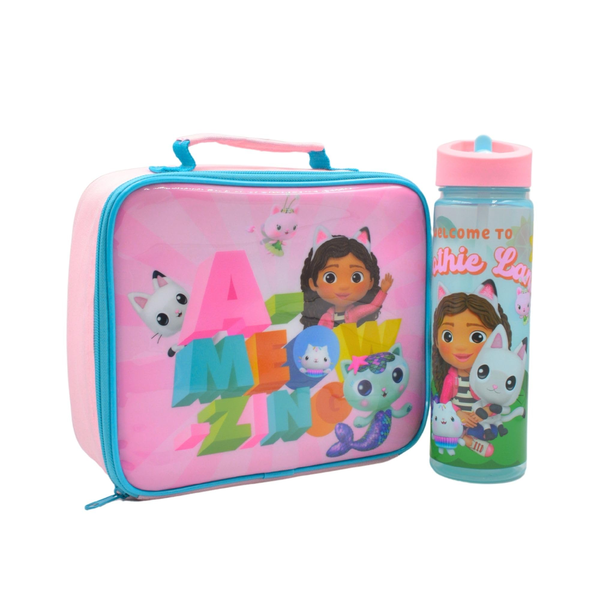 Hox Gabby's Dollhouse Lunch Bag and Water Bottle Set Kids Cooler Bag and Water Bottle with Flip Up Spout Straw