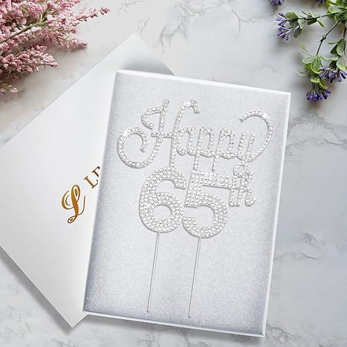 Miniatura 2 de LINGTEER Decoración de pastel de diamantes de imitación plateados con texto en inglés Happy 65th Birthday Cheers to 65th Birthday 65 Years Old