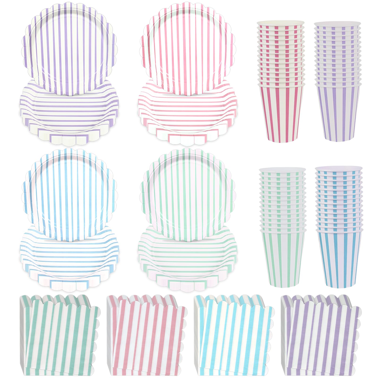 Photo 1 of ***CUPS ONLY /MISSING PIECES*** VOSINPADA 160 Pcs Stripe Paper Pastel Party Supplies, 48 Guest Macaron Party Supplies, Including 48 Scalloped Paper Plate 56 Cup 56 Napkin for Birthdays, Baby Shower, Wedding, Festivals