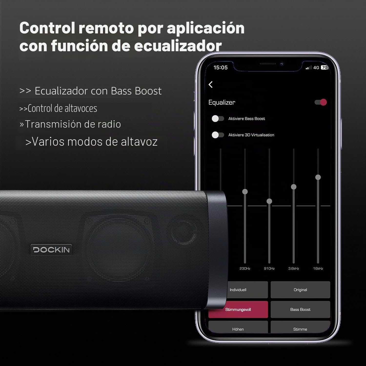 DOCKIN D Fine Altavoz Portátil Bluetooth de 50W Impermeable IP55, hasta 10 Horas de Reproducción con Sonido de Alta Fidelidad y Estereo, Powerbank, NFC, Negro, Diseñado en Alemania