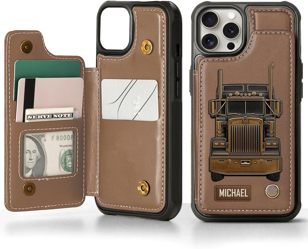 Truck Driver - Personalized Trucker Wallet Phone Case, Personalized Trucker Gift for Dad Men Truck Driver Custom Name Phone Case for iPhone Galaxy
