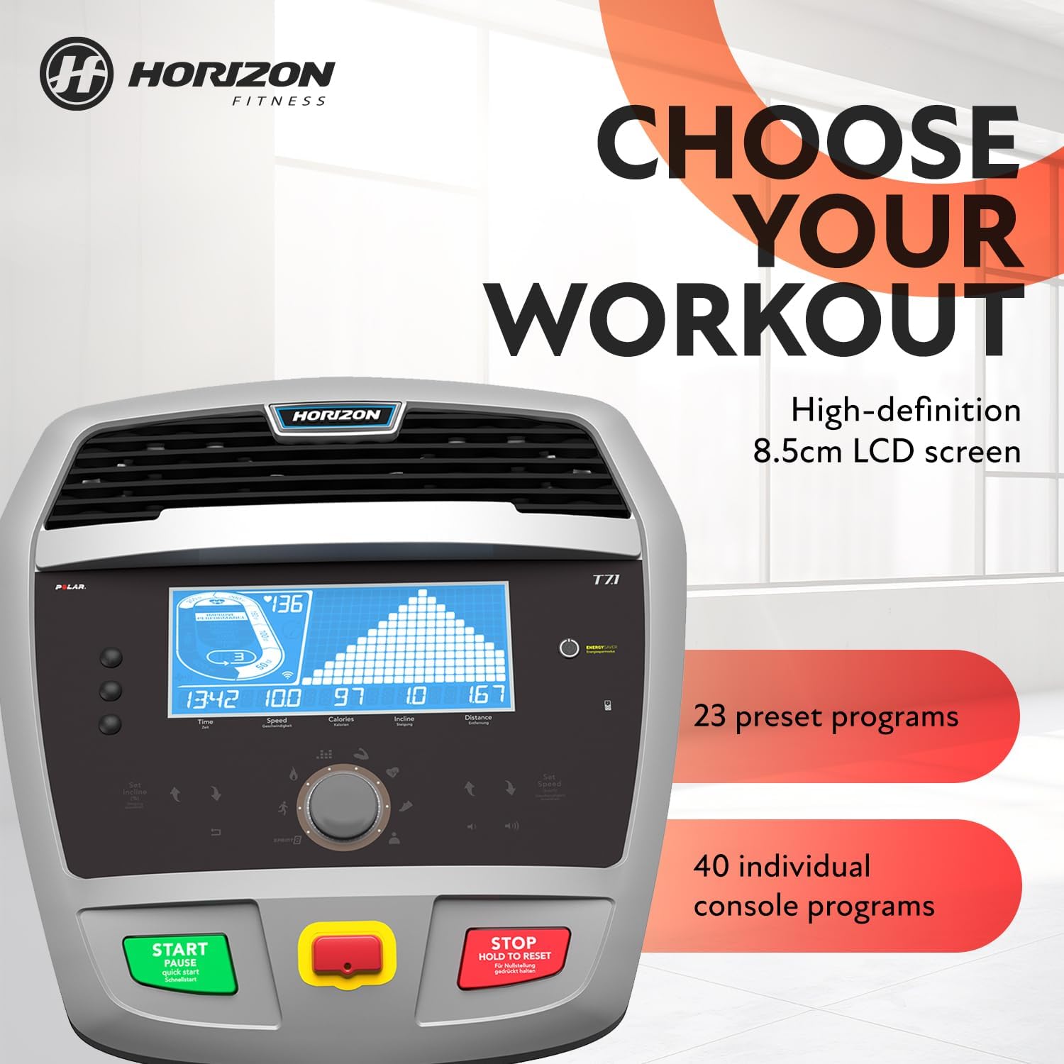 Horizon Fitness ELITE T 7.1 Treadmill console with LCD screen and controls
