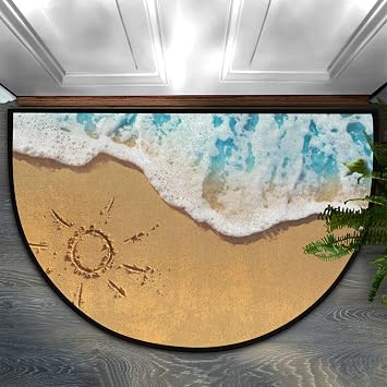 Pardick Half Round Door Mat Sea Waves Beach Theme Anti-Slip Semi Circle Rug 24X36 Indoor Door Mat Half Moon Bath Mats, Washable Decorative Floor Mats for Kitchen Bathroom Hearth Fireplace