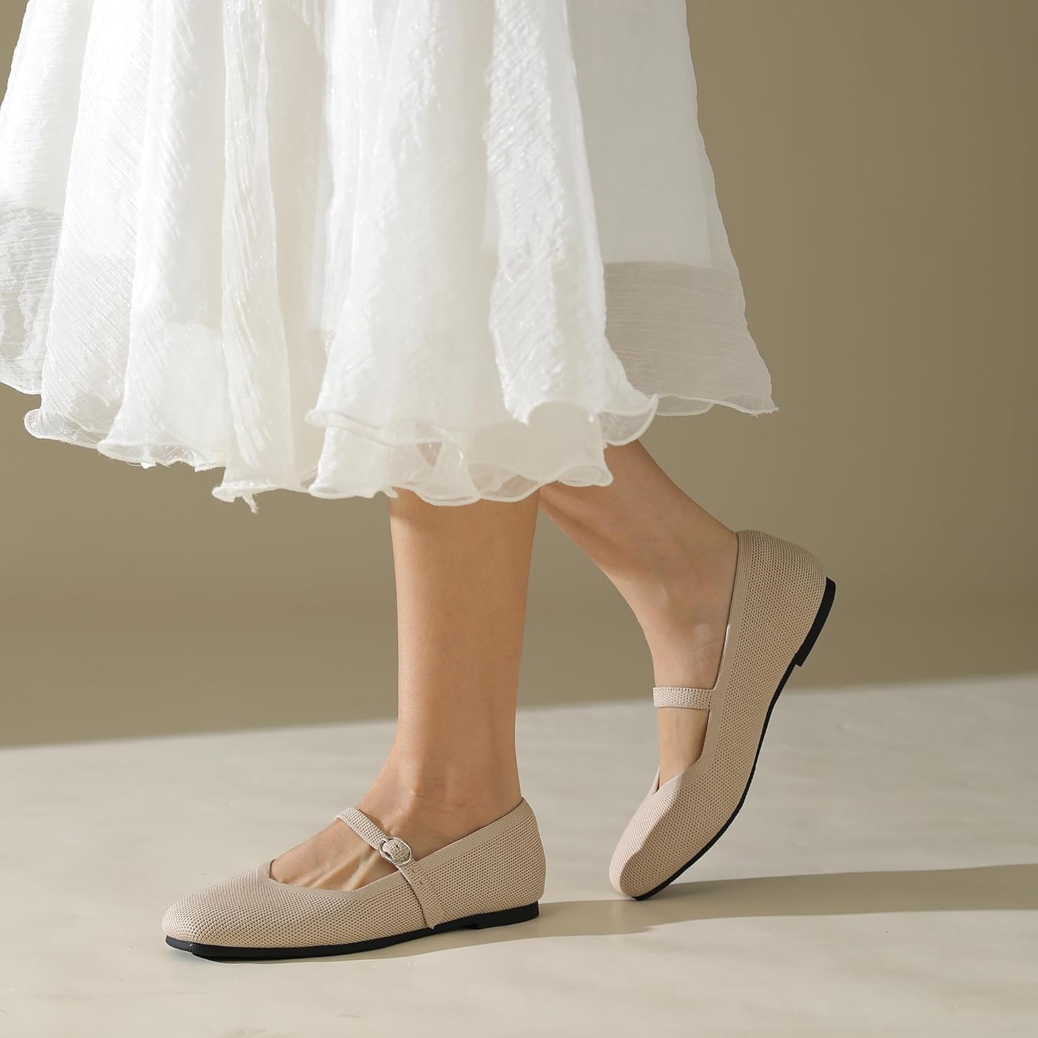 Knit Flats for Women Square Toe Casual Ballet Flat Shoes with Ankle Strap Washable Comfortable Formal Mary Jane Flat Shoes - Image 3