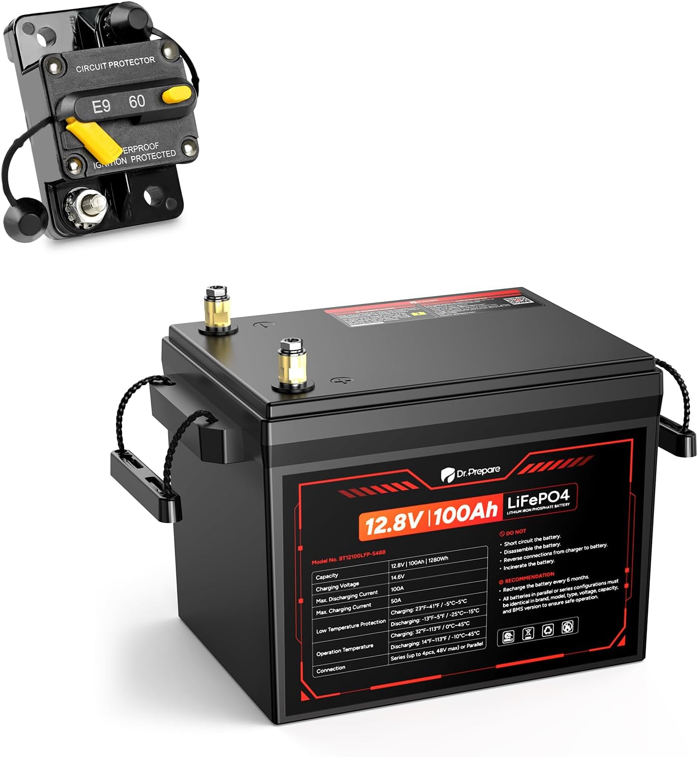 DR.PREPARE 12V 100Ah Trolling Motor LiFePO4 Battery with 60A Circuit Breaker Kit, 1280Wh Lithium Iron Phosphate Battery with 100A BMS, Low & High Temp Protection for Boats, Marine, RV