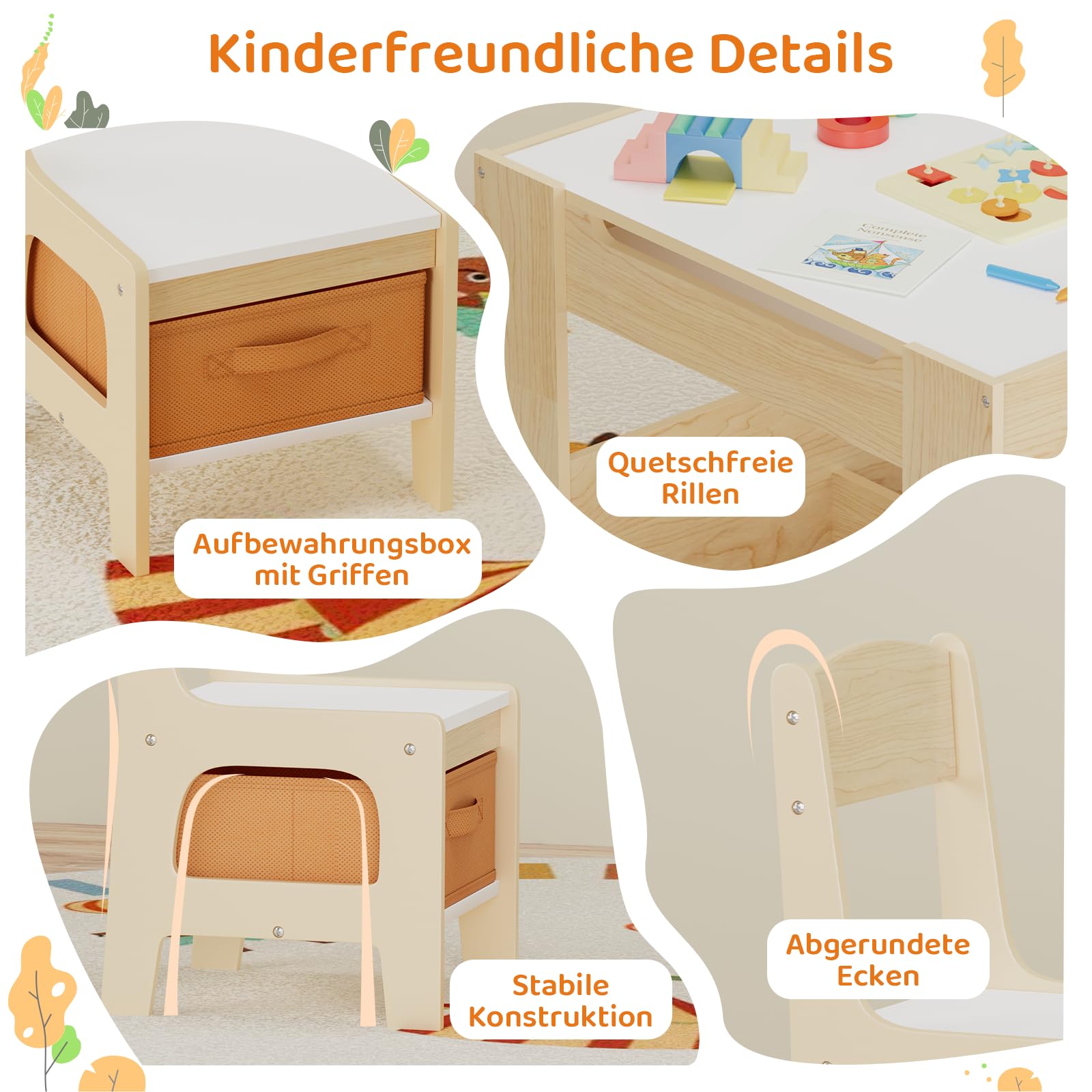 MAMIZO Kindertisch mit 2 PCS Stühlen, 3 in 1 Kinder Tisch Stuhl Set, Kindermöbel Set aus Holz mit Stauraum & Bücherregalen, Spieltisch & Aktivitätstisch, Maltisch, von 3-7 Jahren, Holzfarbe