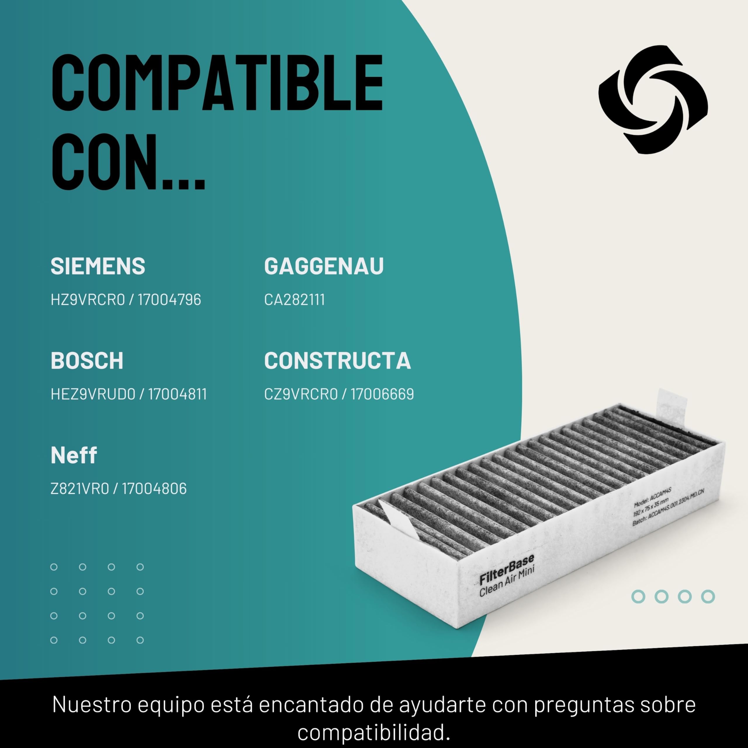 FilterBase® Clean Air Filtro de Carbón Activado 4 Piezas - Set de Filtros compatible con Bosch HEZ9VRCR0 / Siemens HZ9VRCR0 / Neff Z821VR0 / Gaggenau CA282111 o Constructa CZ9VRCR0 (195 x 75 x 35 mm)