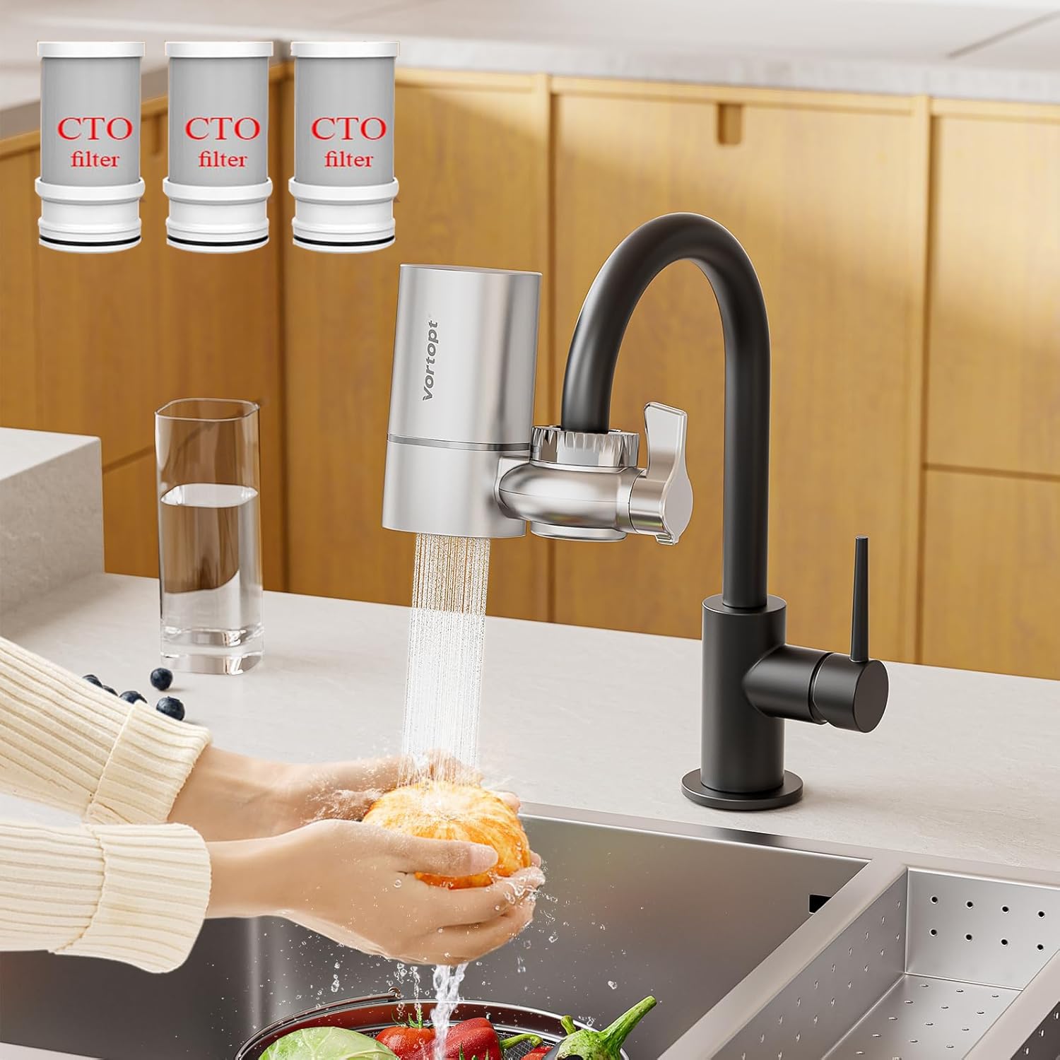 Vortopt Faucet Filter, NSF Certified, 400 Gallon High Efficiency Water Purification System, Fast 99% Chlorine & Odor Removal, Modern Simple Silver with 3 Water Filter（T1-Silver）