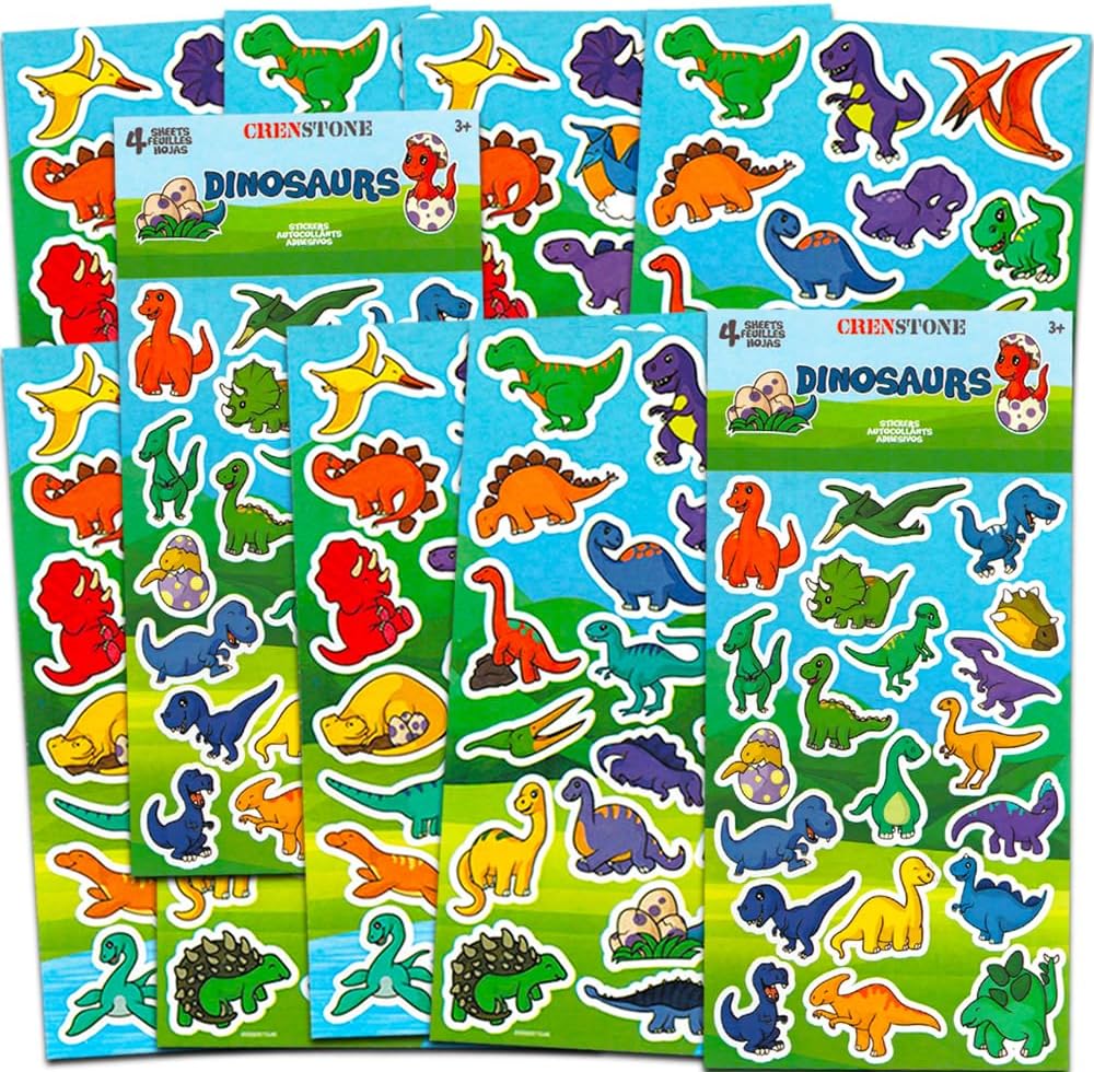 Crenstone Dinosaur Stickers Party Supplies Pack for Kids Toddlers ~ Over 150 Dinosaur Stickers (8 Party Favor Sticker Sheets)
