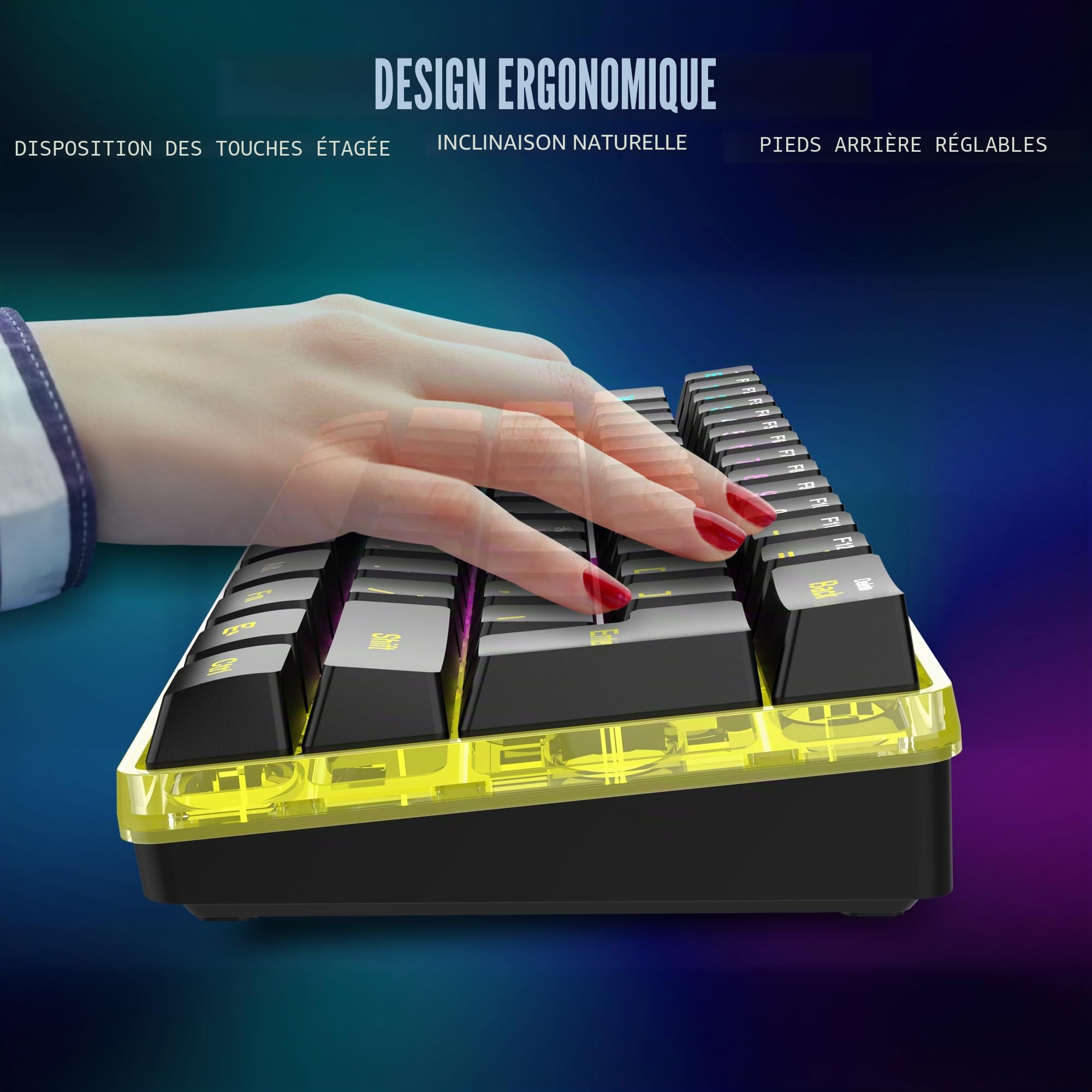 RedThunder Clavier mécanique sans fil gaming 60 %, rétroéclairage RGB dynamique, souris cellulaire légère de 3 200 dpi, clavier ultra-compact 62 touches anti-ghosting, disposition QWERTZ DE, pour PC
