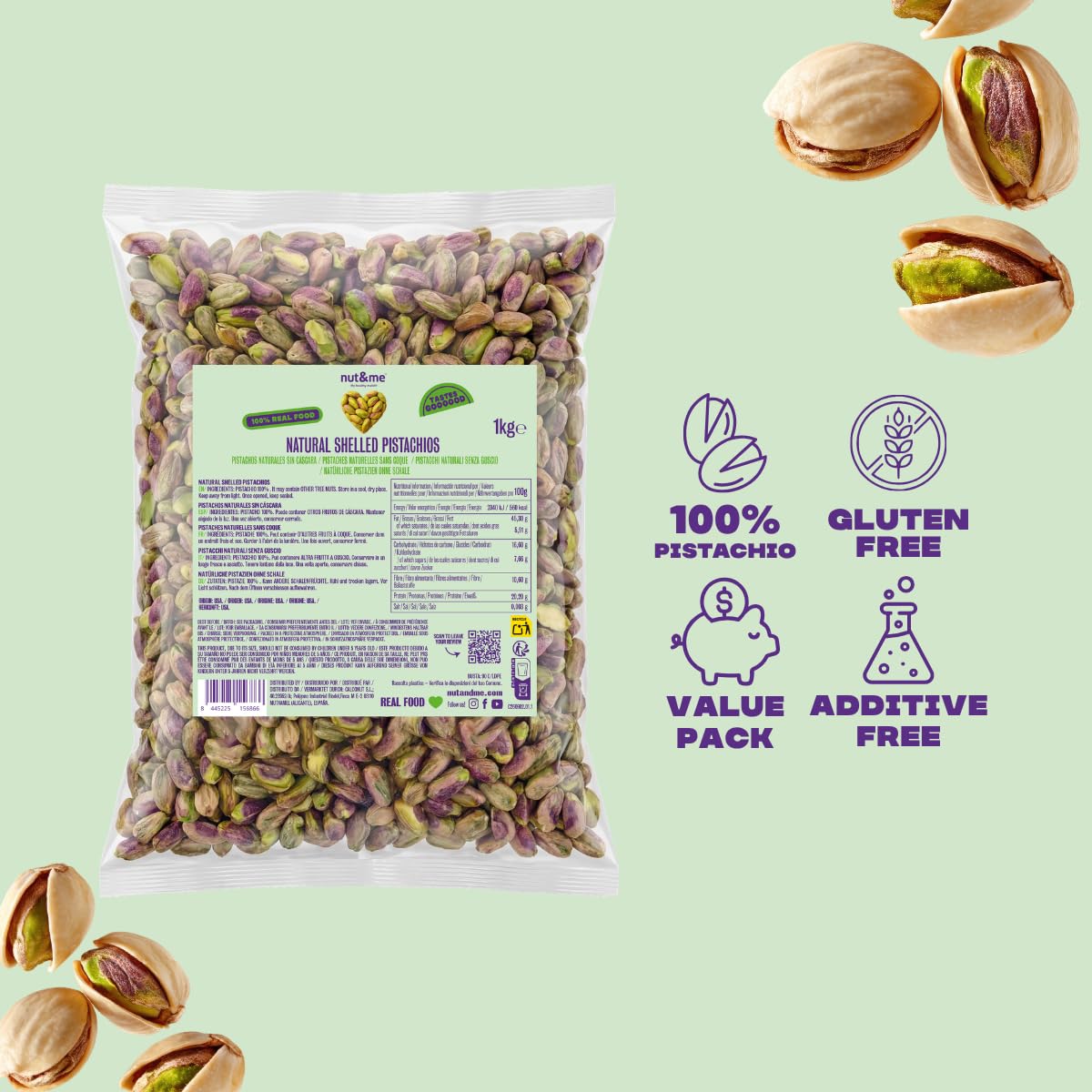 nut&me Pistacchi sgusciati qualitá Extra Premium 1 kg | Pistacchio intero, non salato, senza glutine e senza additivi | Ideale per snack, ricette dolci e salate e crema di pistacchio