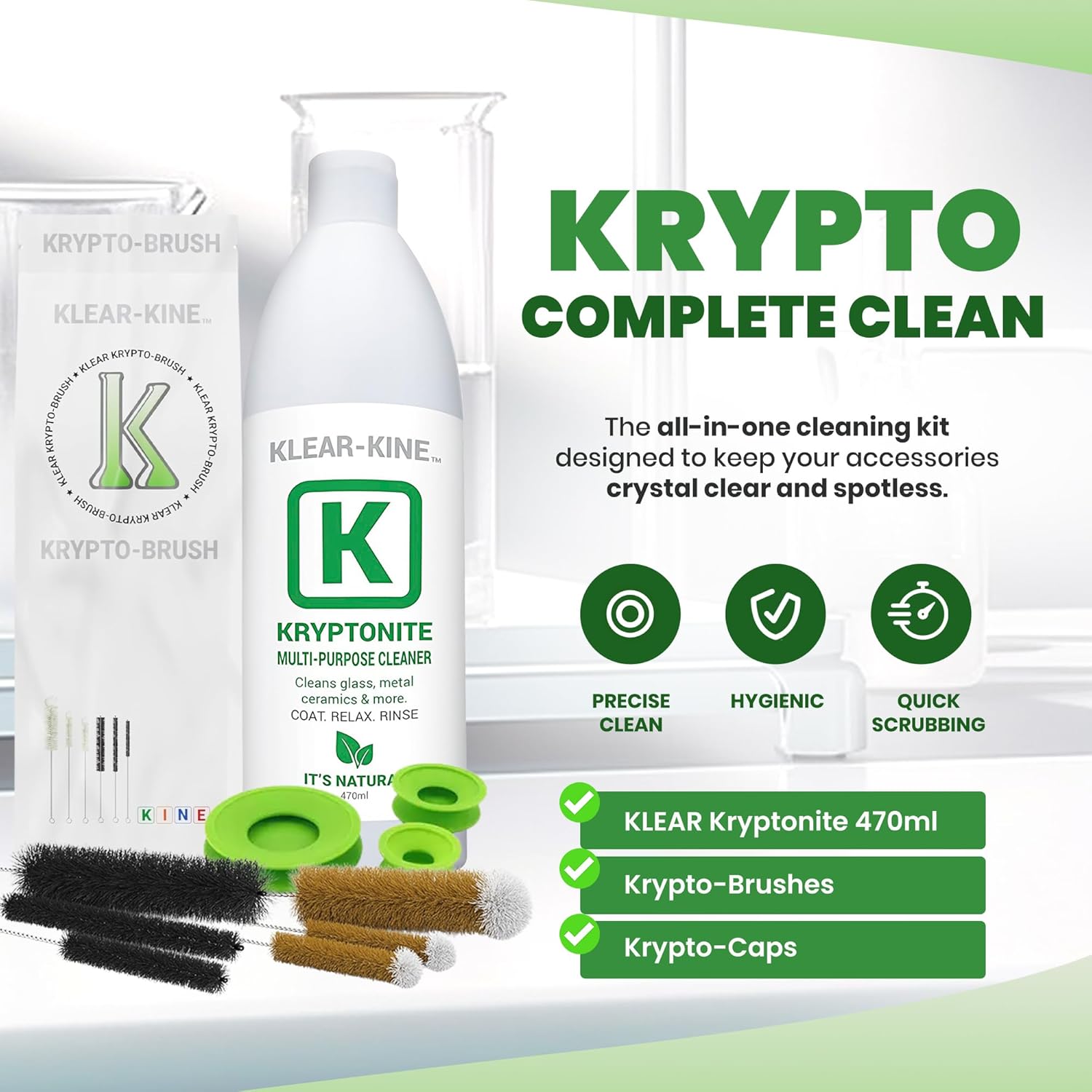 KLEAR Kryptonite Multipurpose Glass Cleaner with Brushes & Silicone Cleaning Caps| Powerful 5-in-1 Combo | Achieve Speedy & effortless Cleaning | Glass Friendly & Alcohol Free Formula | 16 Oz