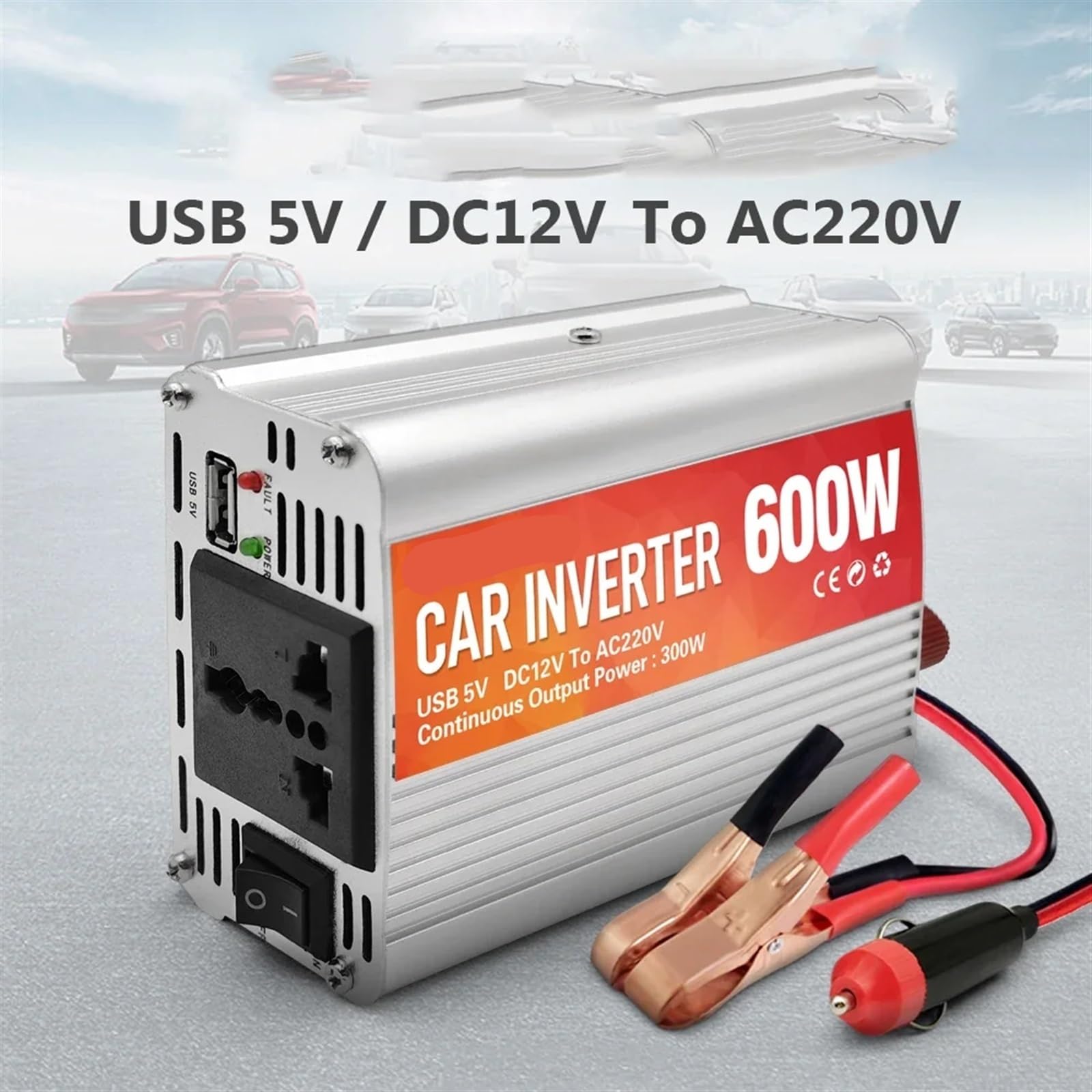Falownik, Przetwornica napięcia samochodowego 600 W Przetwornica napięcia stałego na prąd przemienny z 5 V 2 A USB Ładowarka samochodowa z falą sinusoidalną Konwersja mocy(600W 12V)
