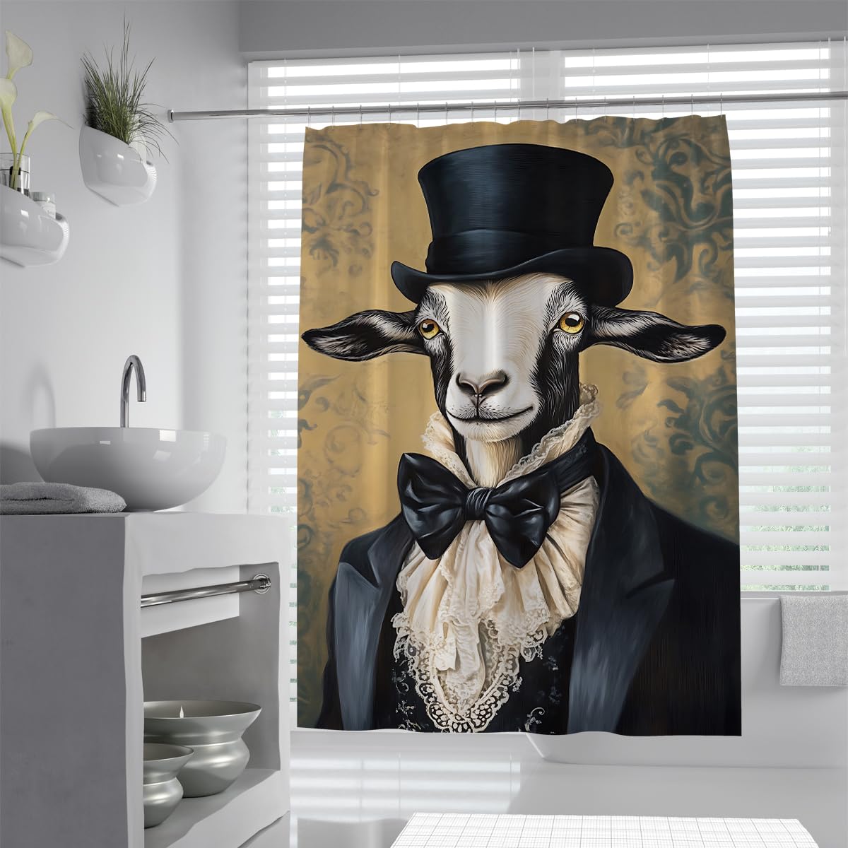 UIRINGART Cute Sheep Shower Stall Liners W120xL180cm Waterproof Mold Resistant Vintage Lamb Bowtie Portrait Fabric Bathroom Screen Rustproof Grommets Tub Curtains