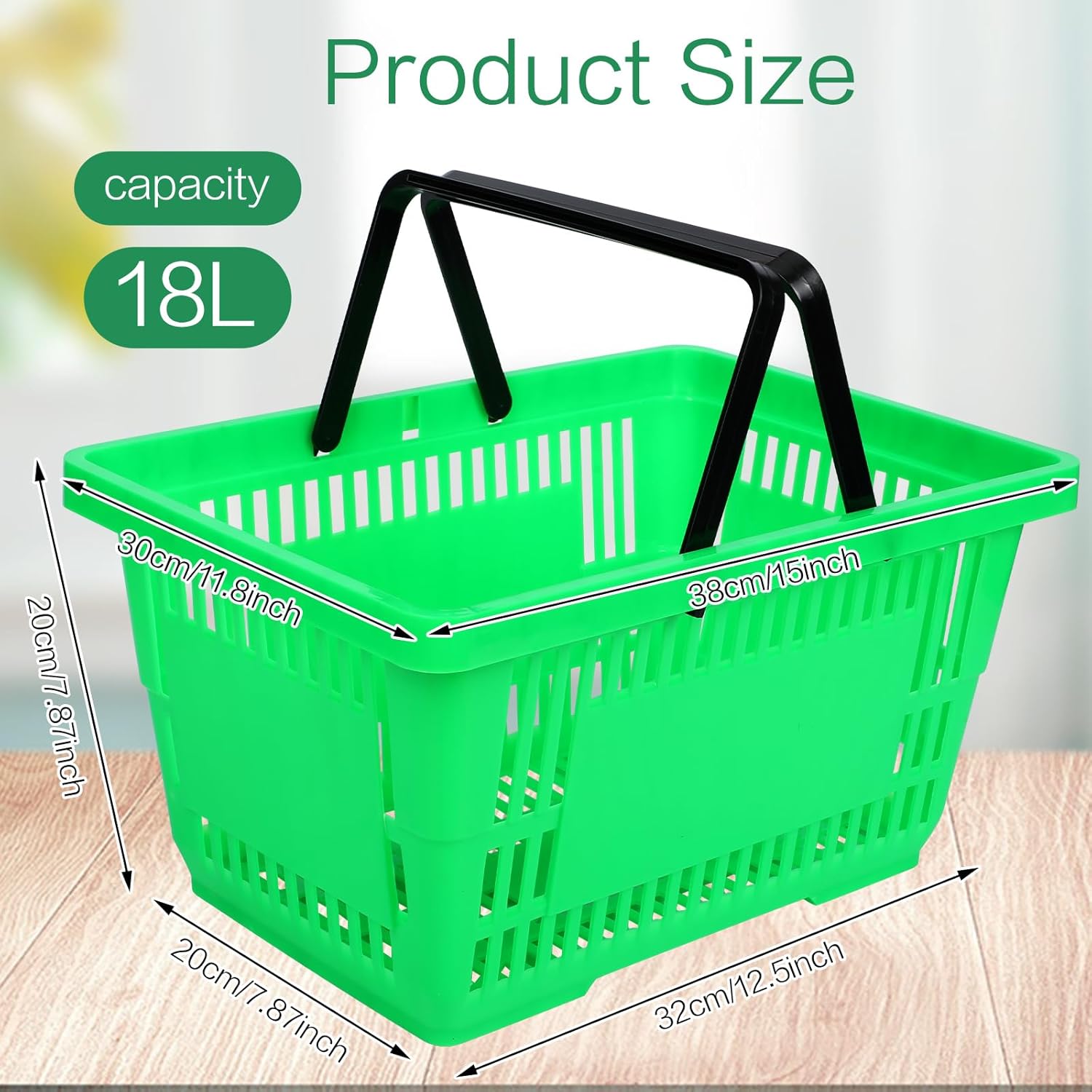 12 Pcs Shopping Baskets 20 L Plastic Store Retail Baskets with Handles 16.9 * 11.8 * 9.1 Inches for Market Grocery Supplies Thrift Convenience Storage(Green)