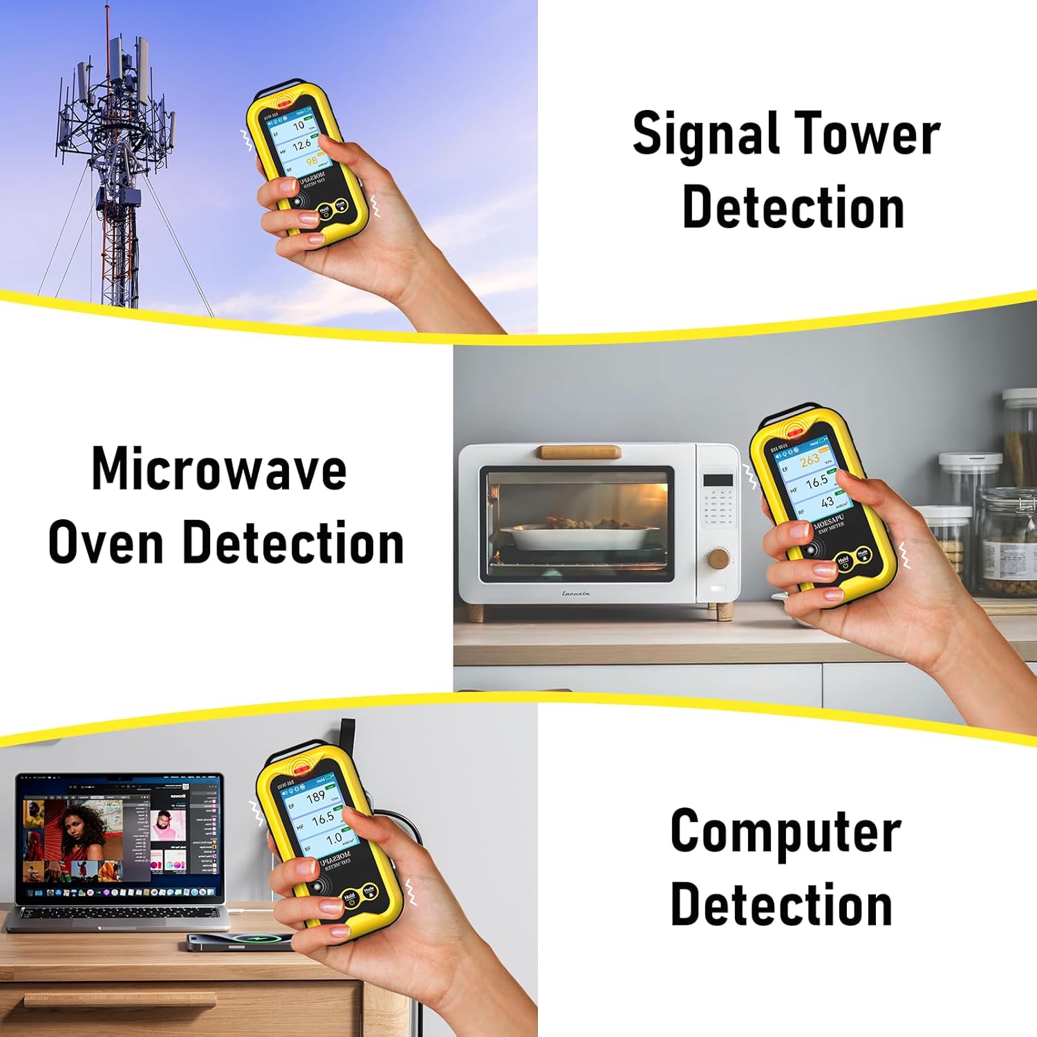 EMF Meter, 3-in-1 Electromagnetic Radiation Detector for EF MF RF Field, Electric Magnetic Radio Frequency Monitor, Portable Rechargeable Battery Reader for Microwave Ghost Hunting, BH-W01