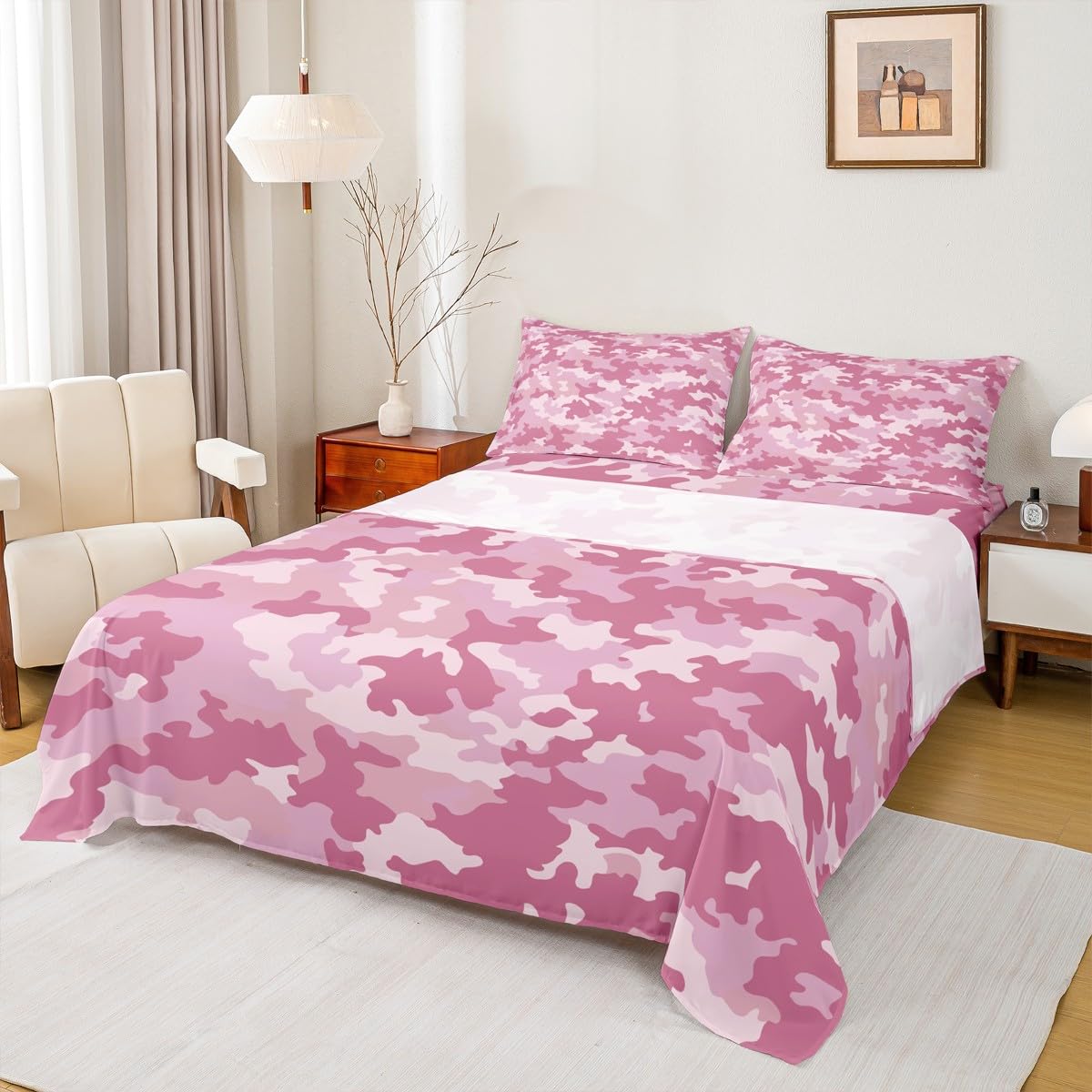 Parure de lit camouflage rose 3 pièces lit jumeau design patchwork abstrait
